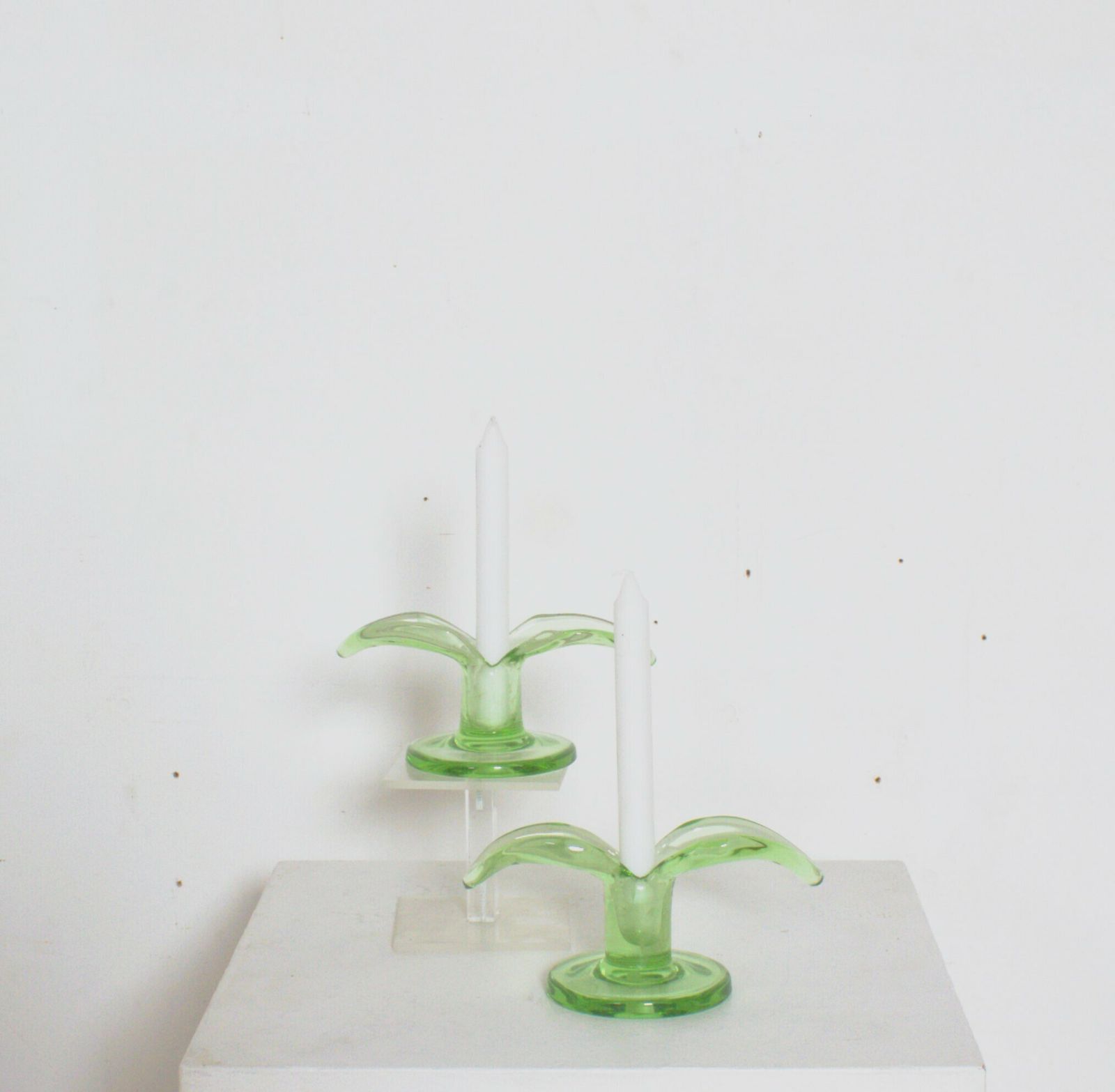 A Pair Of Green Glass Candlesticks Model "Lilja" Made By Trelleborg Glassbruck photo vinterior