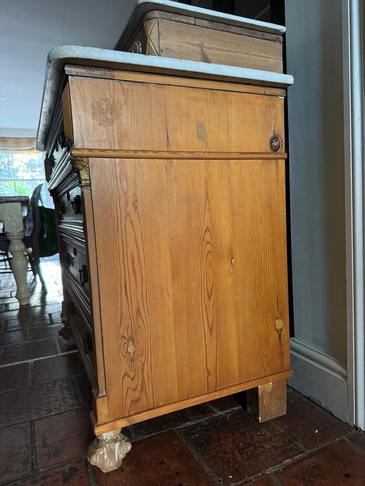 Furniture Antique Solid Pine French Style Marble Top Dresser Washstand Chest Of Drawers photo