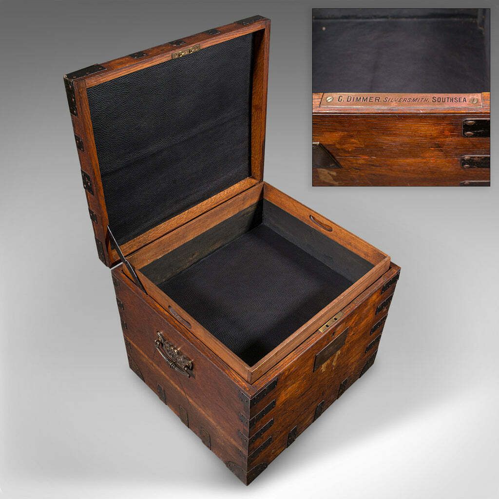 Antique Fitted Silver Chest, English, Oak, Iron Bound, Shipping Trunk, Victorian photo vintage