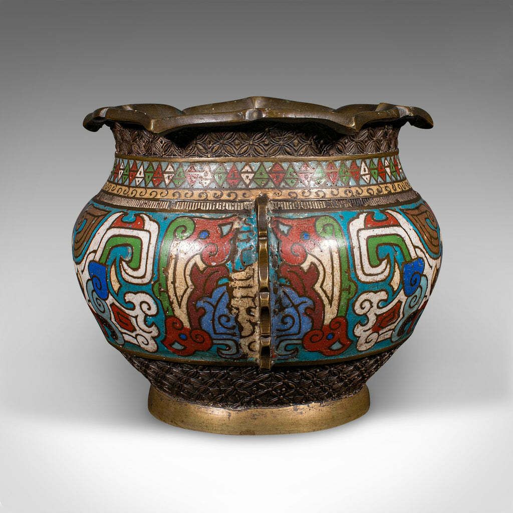 Antique Siamese Planter Bowl, Thai, Bronze, Cloisonne, Jardiniere Pot, Victorian photo 1195.0