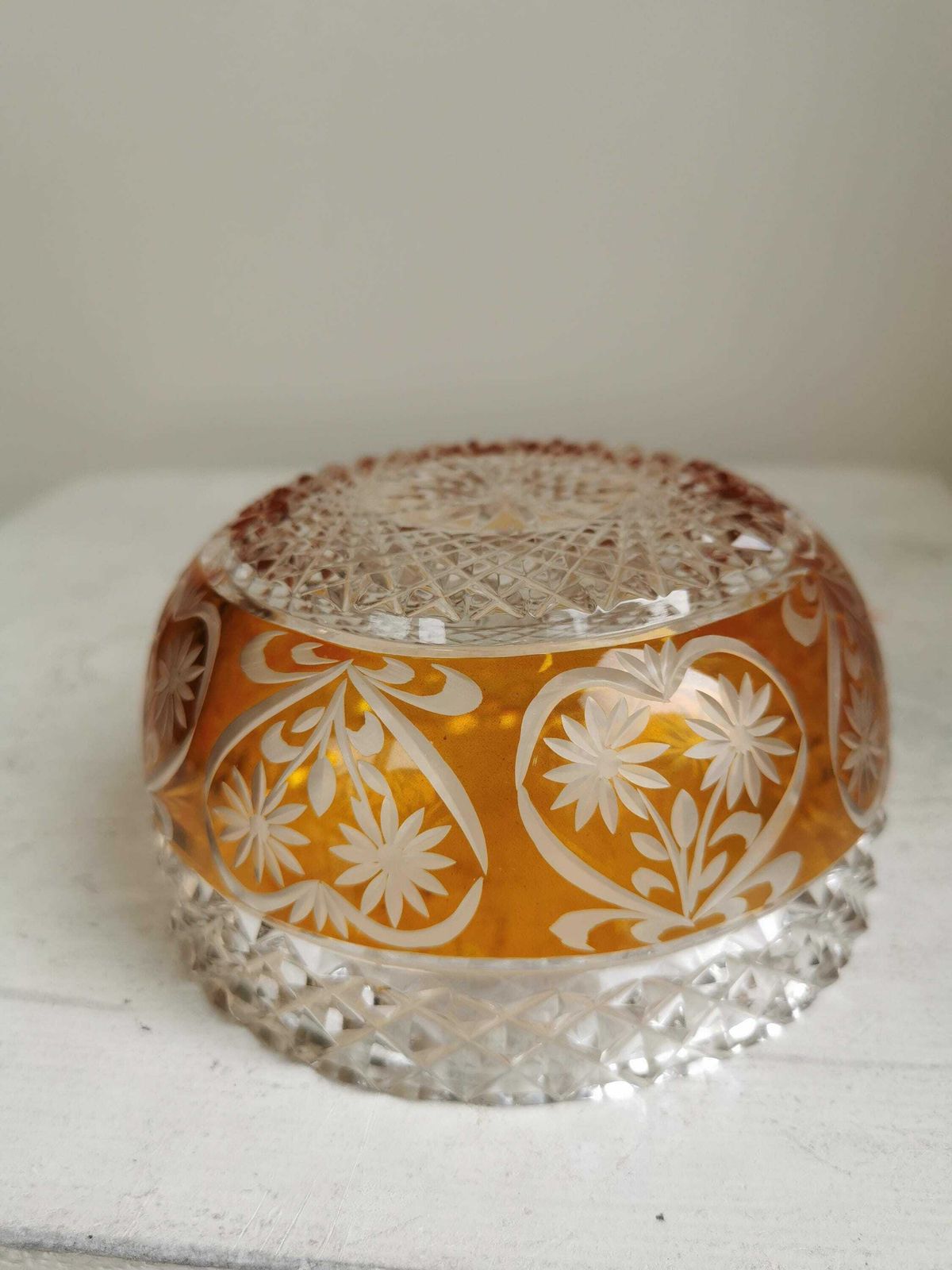 Vintage Crystal Candy Bowl / 1970s / Clear And Amber Fruit Pot / Table Centerpiece / Flower Container / Bohemian Crystal Glass photo Home Decor