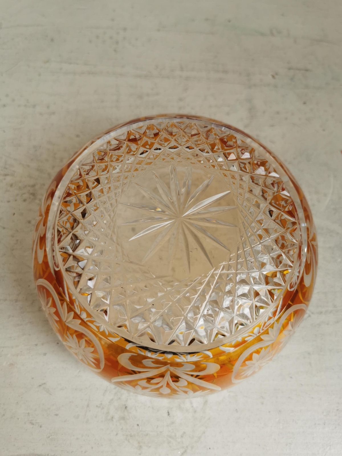 Vintage Crystal Candy Bowl / 1970s / Clear And Amber Fruit Pot / Table Centerpiece / Flower Container / Bohemian Crystal Glass photo vinterior