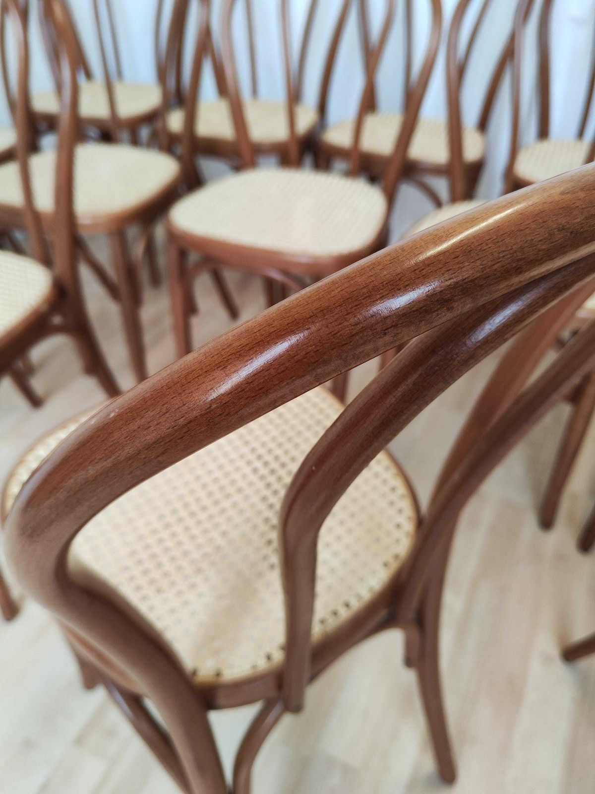 1 Of 9 Vintage Wooden Dining Chairs With Cane Seat / Mid Century Thonet Style N18 / 1970s / Bentwood Techique Dine Chairs / Bistro Bar Pub photo Furniture