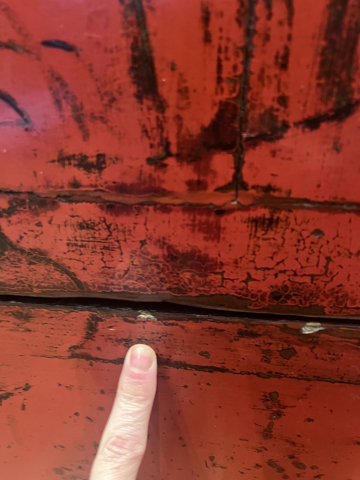 photo for sale 19th Century Antique Chinese Red, Tall Lacquered Wedding/Linen Cabinet Featuring Hand Painted Bamboos & Birds Design   Qing Dynasty