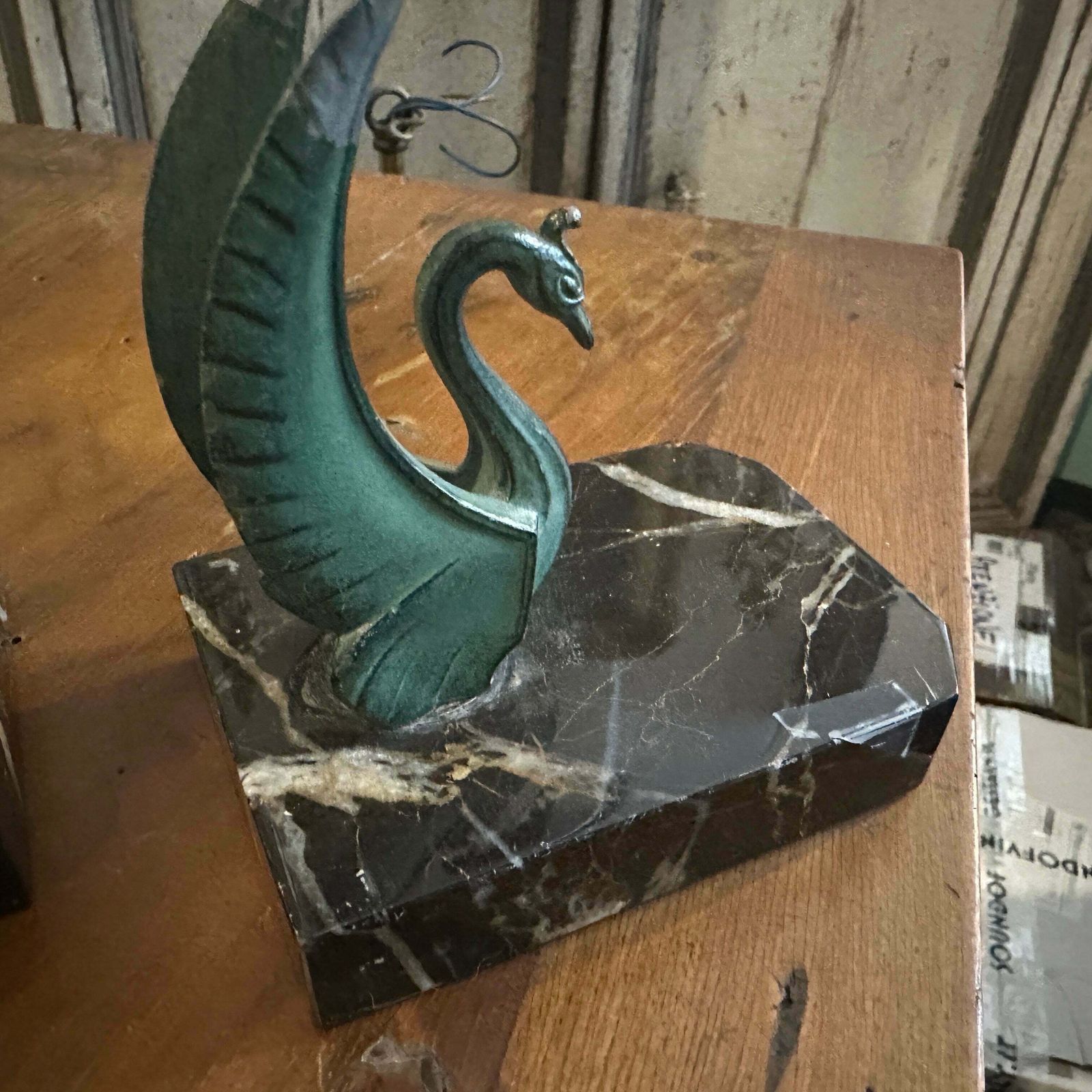 1930s Art Deco Marble And Green Metal French Swan Bookends photo furniture