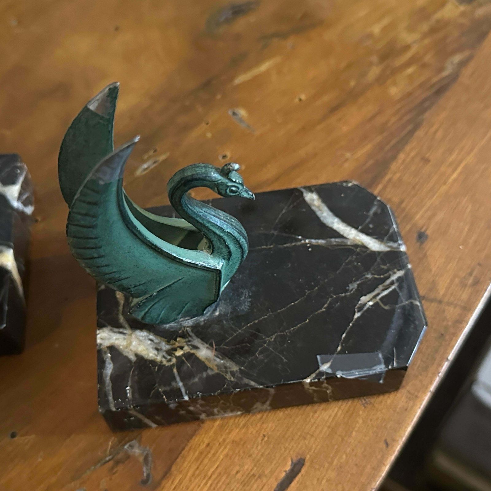 1930s Art Deco Marble And Green Metal French Swan Bookends photo 381.0