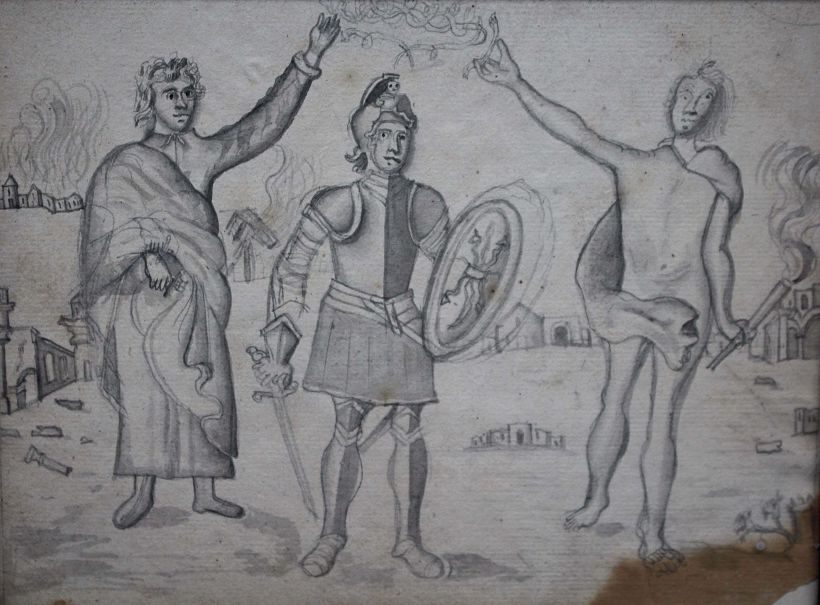 photo buy Early 19th Century Pencil Sketch, Warrior & Divines Medieval Grand Tour