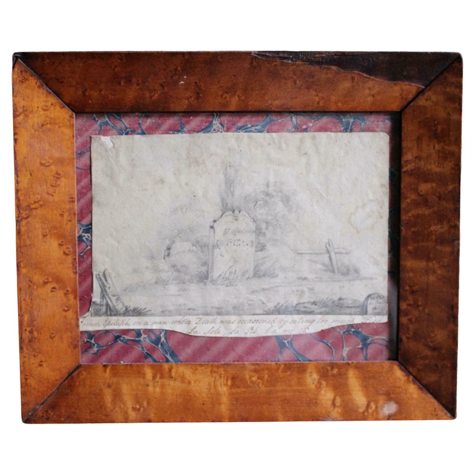 Late 19th Century Pencil Sketch Epitaph Man Who Ate Too Much Fish Curio Macabre