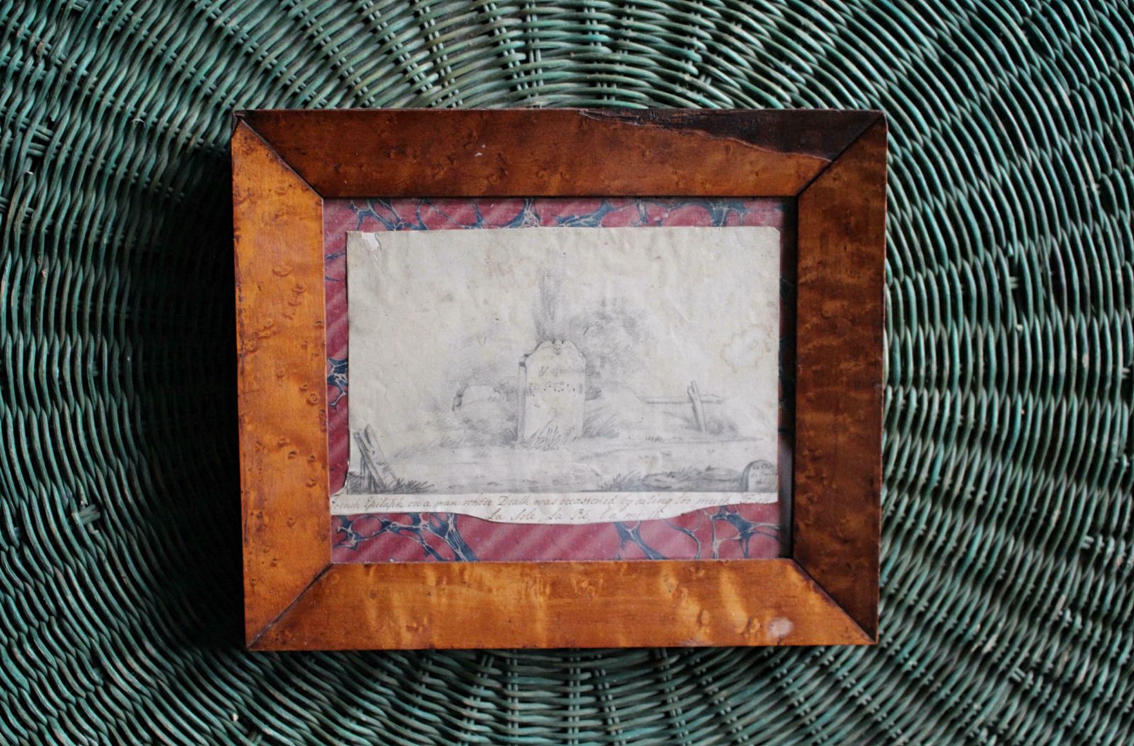Late 19th Century Pencil Sketch Epitaph Man Who Ate Too Much Fish Curio Macabre photo furniture