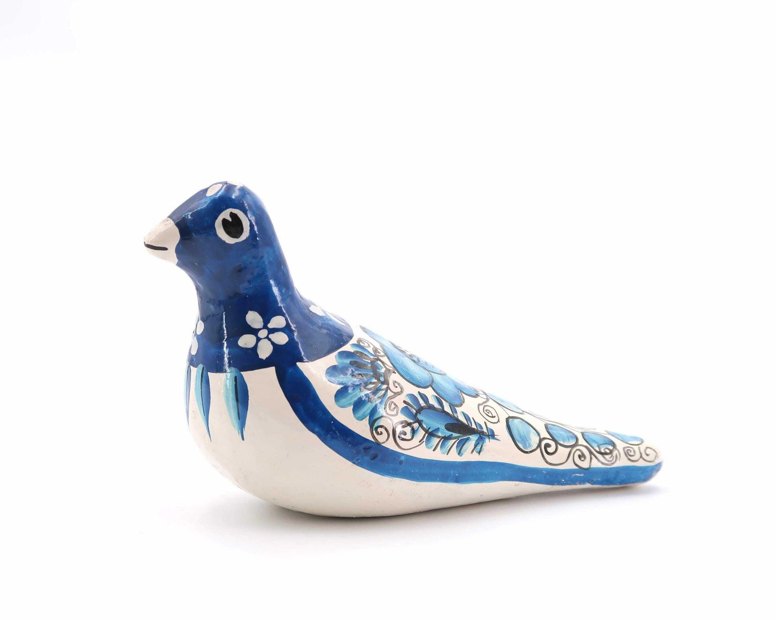 Mexican Folk Terracotta Ceramic Bird, Blue And White Dove, 1970s / Floral, Boho Chic, Bohemian, Mexico