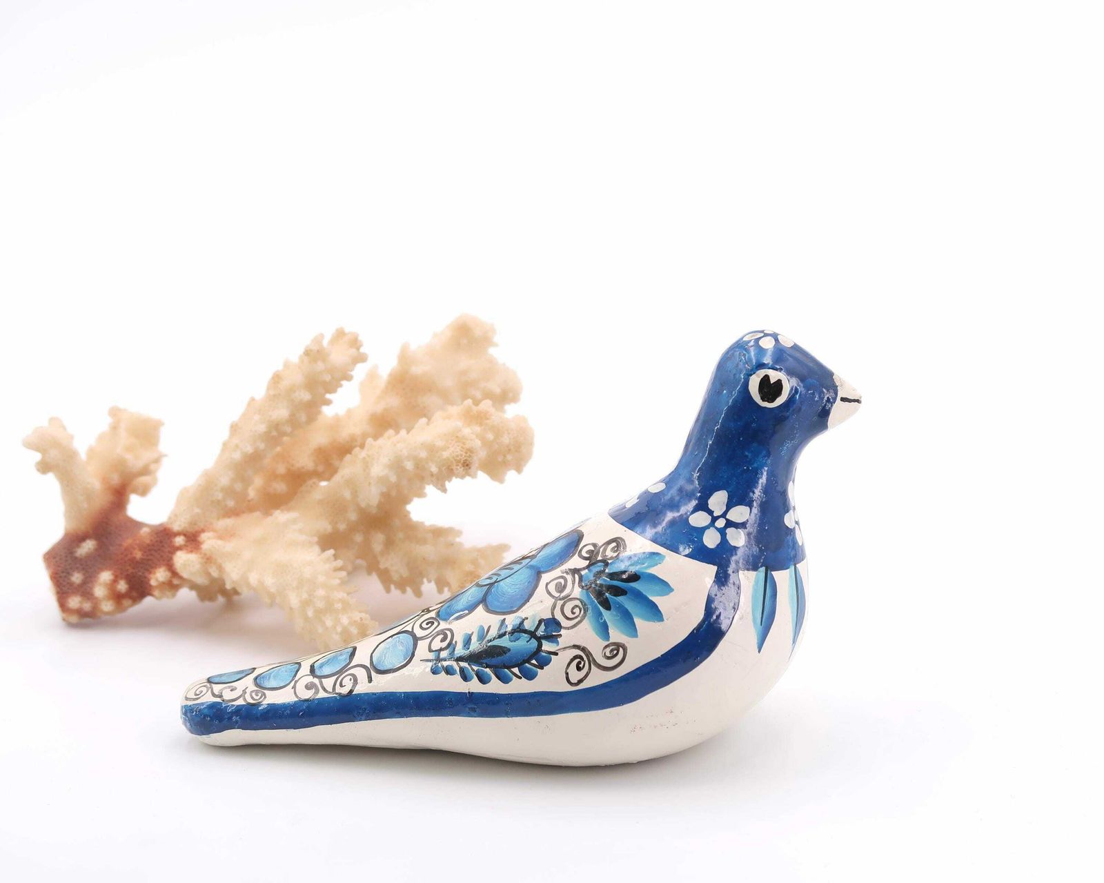 Mexican Folk Terracotta Ceramic Bird, Blue And White Dove, 1970s / Floral, Boho Chic, Bohemian, Mexico photo vinterior