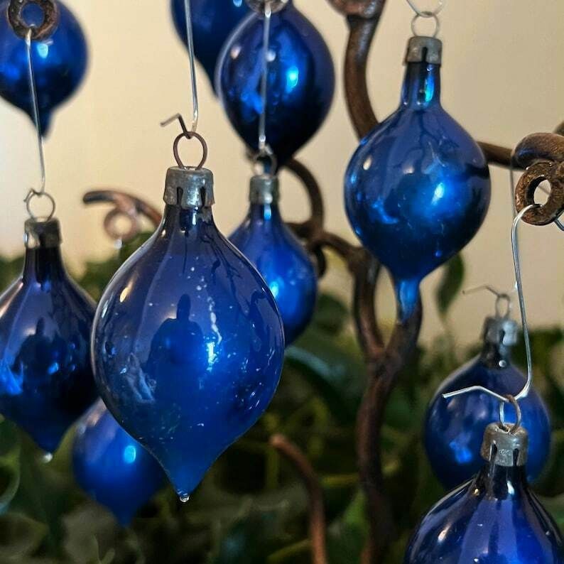 Set Of 15 Vintage Blue Glass Teardrop Christmas Baubles photo Home Decor