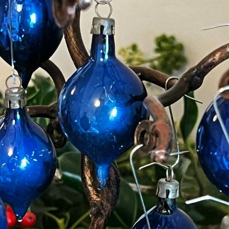Set Of 15 Vintage Blue Glass Teardrop Christmas Baubles photo buy