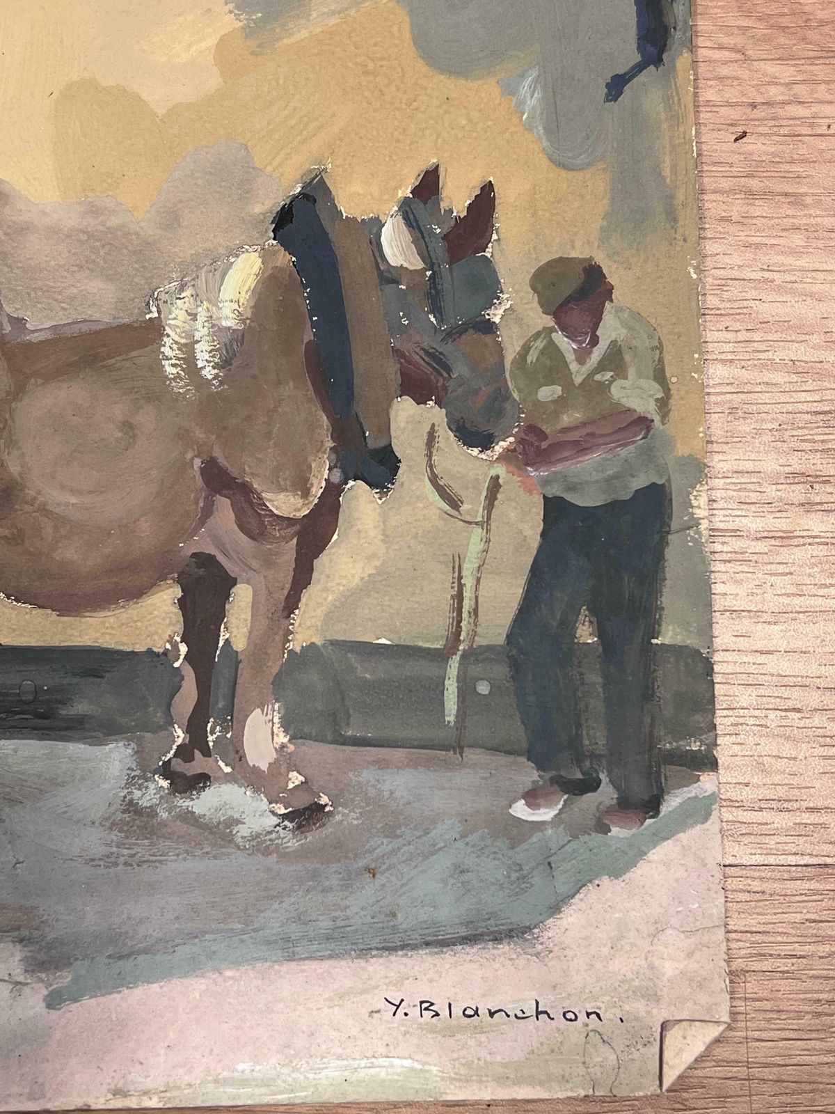 Y. Blanchon1930's Gouache Painting Preparing The Horses And Kart In The French Town1930's photo furniture