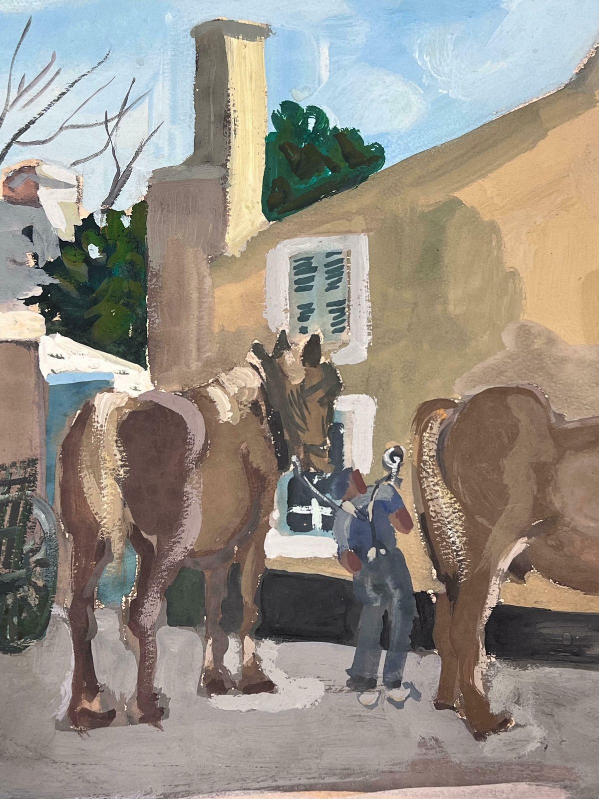 Y. Blanchon1930's Gouache Painting Preparing The Horses And Kart In The French Town1930's photo 3002.0