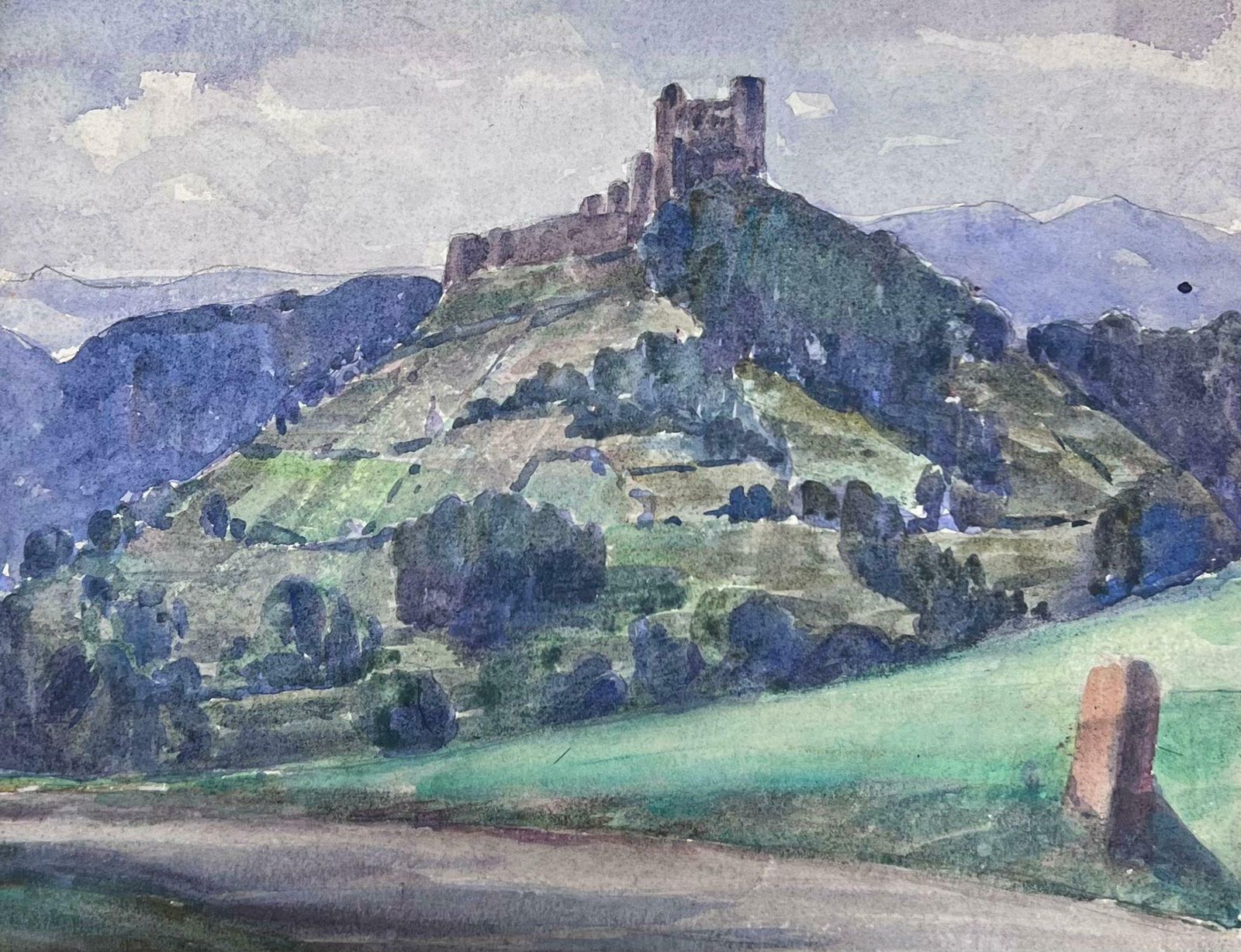 Louise Alix1930's French Impressionist Watercolour Castle On Top Of The Green Mountains1930's