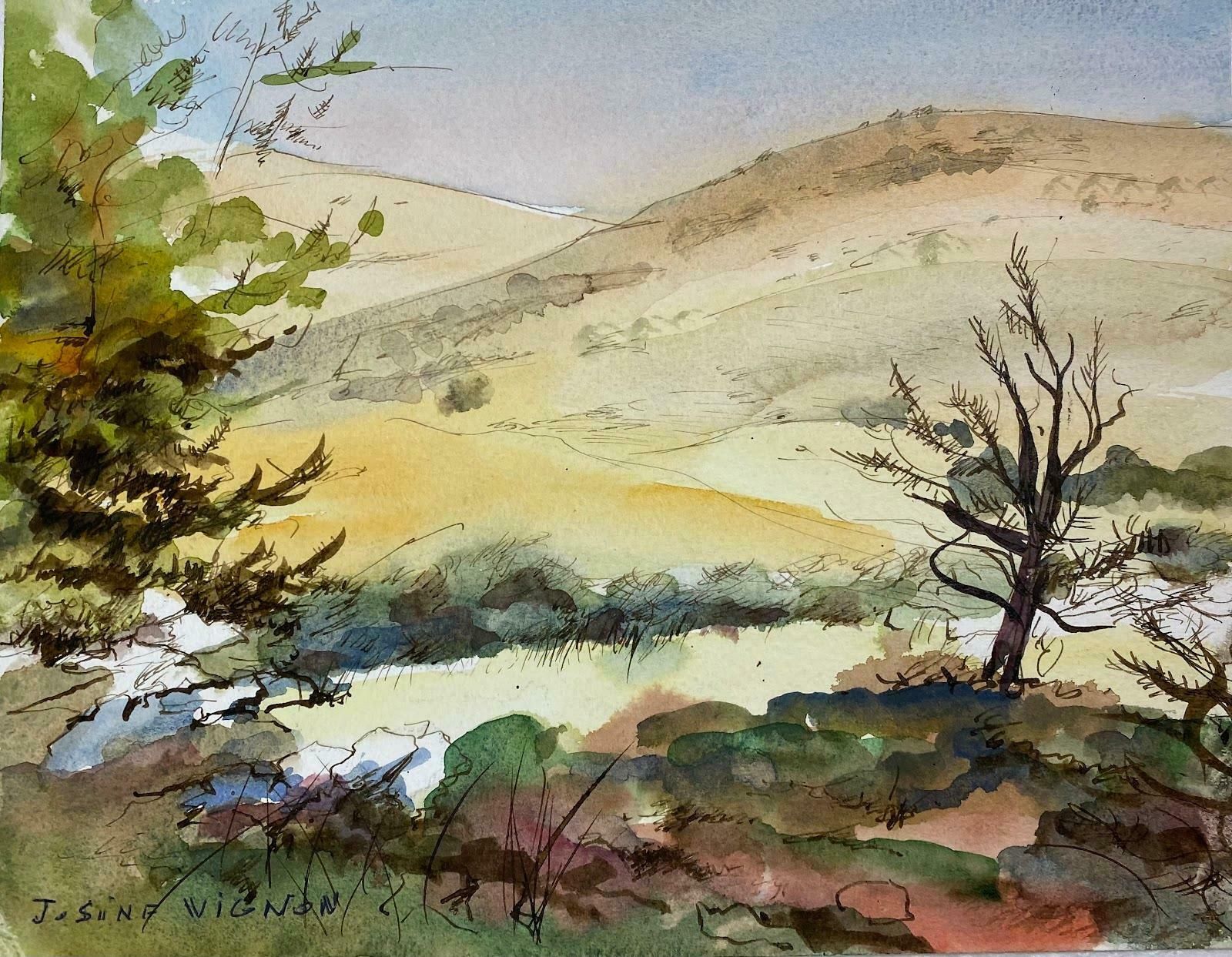 Josine Vignonpost Impressionist French Watercolour Painting Bare Trees With Open Landscapec.1990