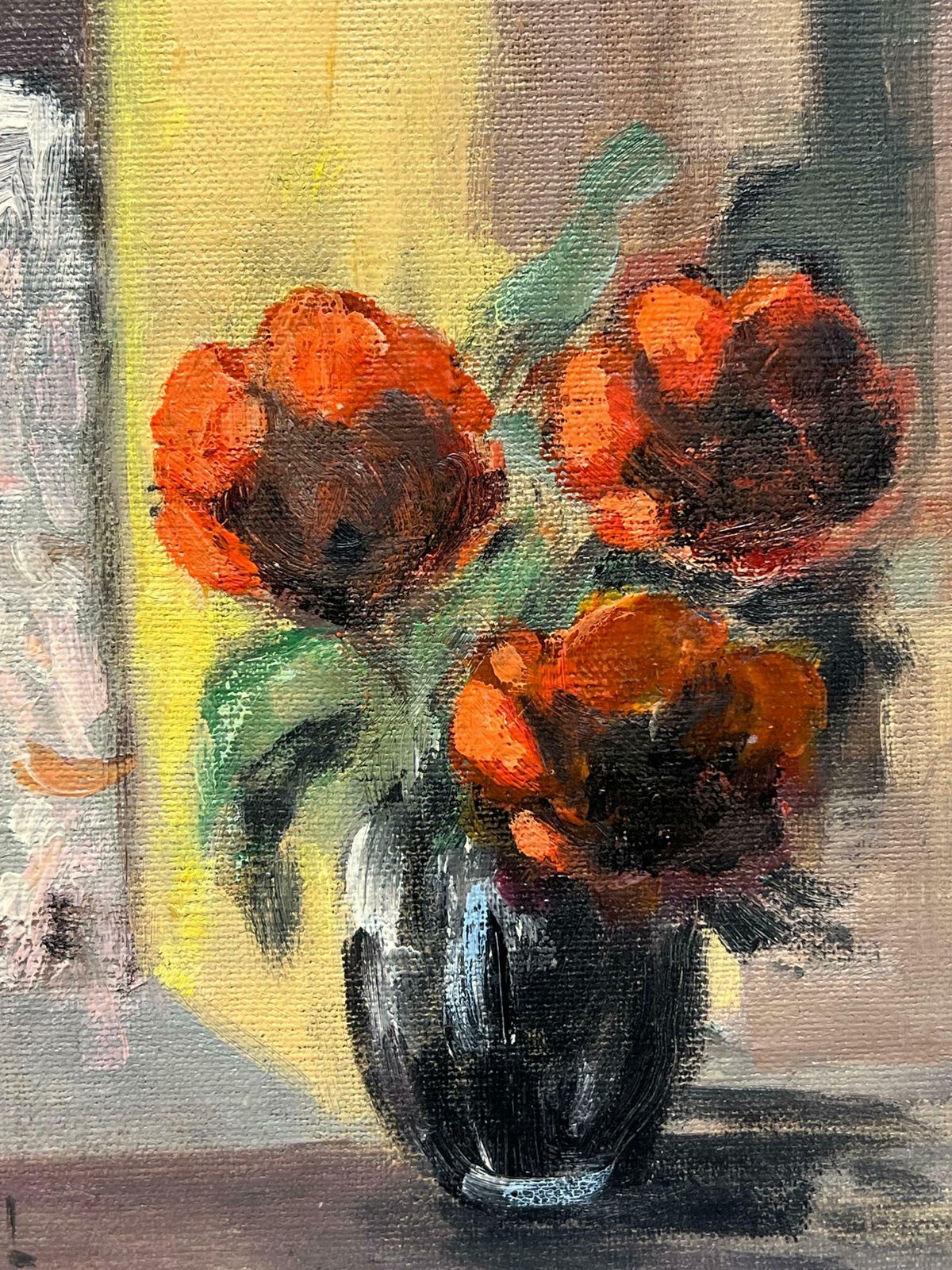 Fanch Lelcozy Still Life Of Red Peonies In Black Vase By A Sunlit Window French Oil20th Century photo Art