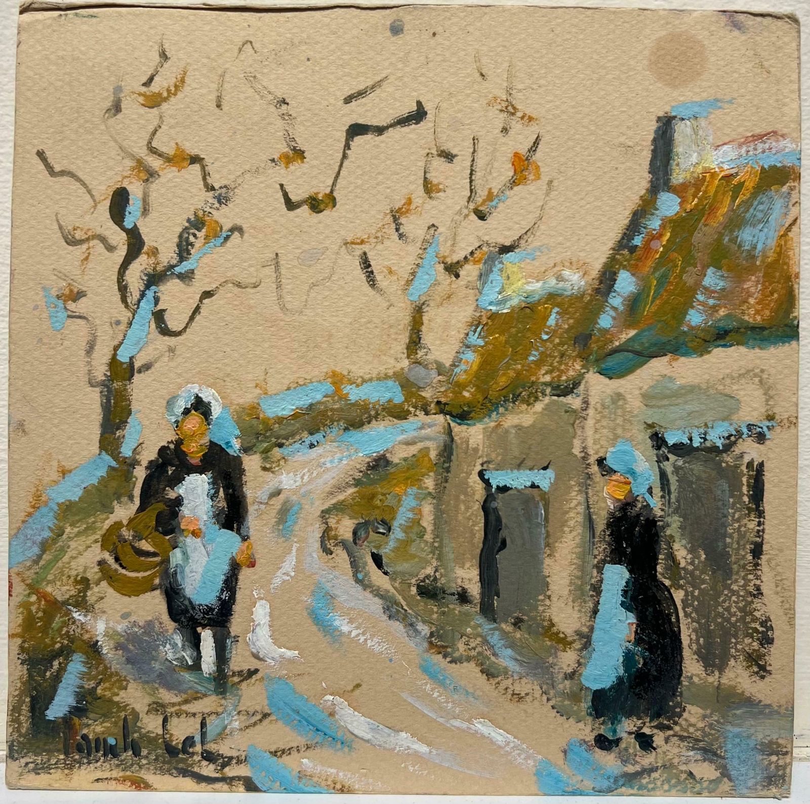 Fanch Lelsummer Blue Charming Village Track  With Women In Traditional Breton Attire 20th Century photo furniture