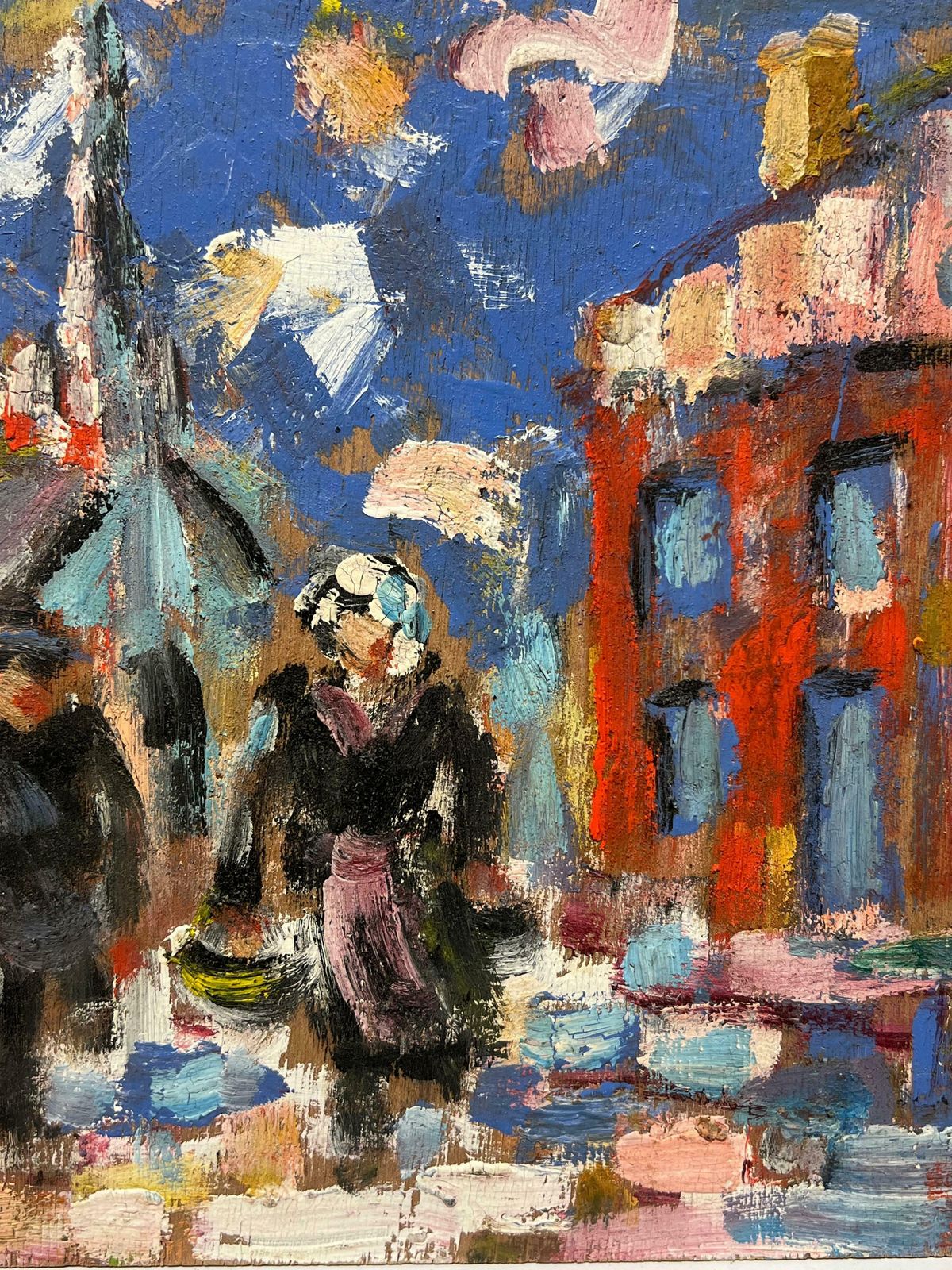 Fanch Lelvibrant Village Street Scene With Figures Original French Oil Painting20th Century photo for sale