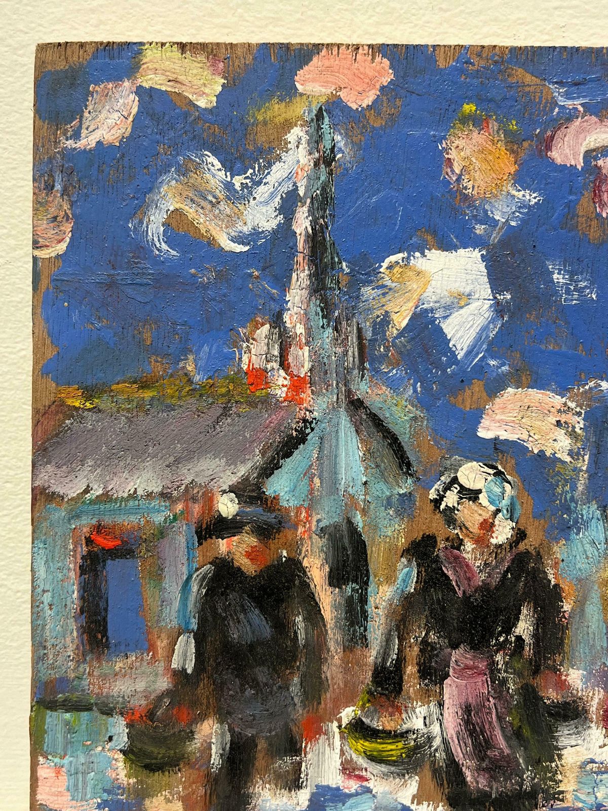 Fanch Lelvibrant Village Street Scene With Figures Original French Oil Painting20th Century photo Art