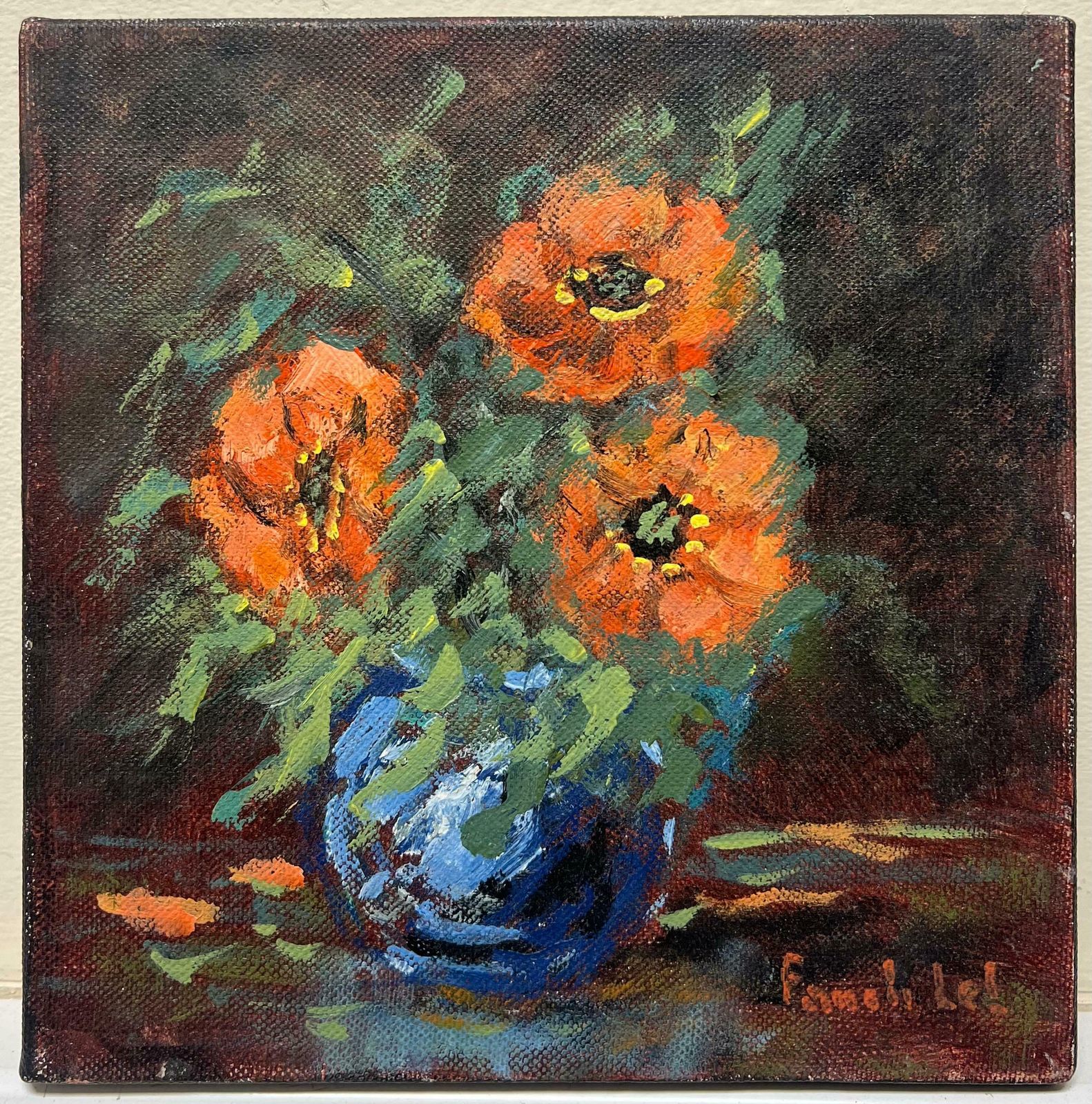Fanch Lelbold Still Life With Bright Orange Anemones Bouquet In A Blue Vase20th Century photo furniture