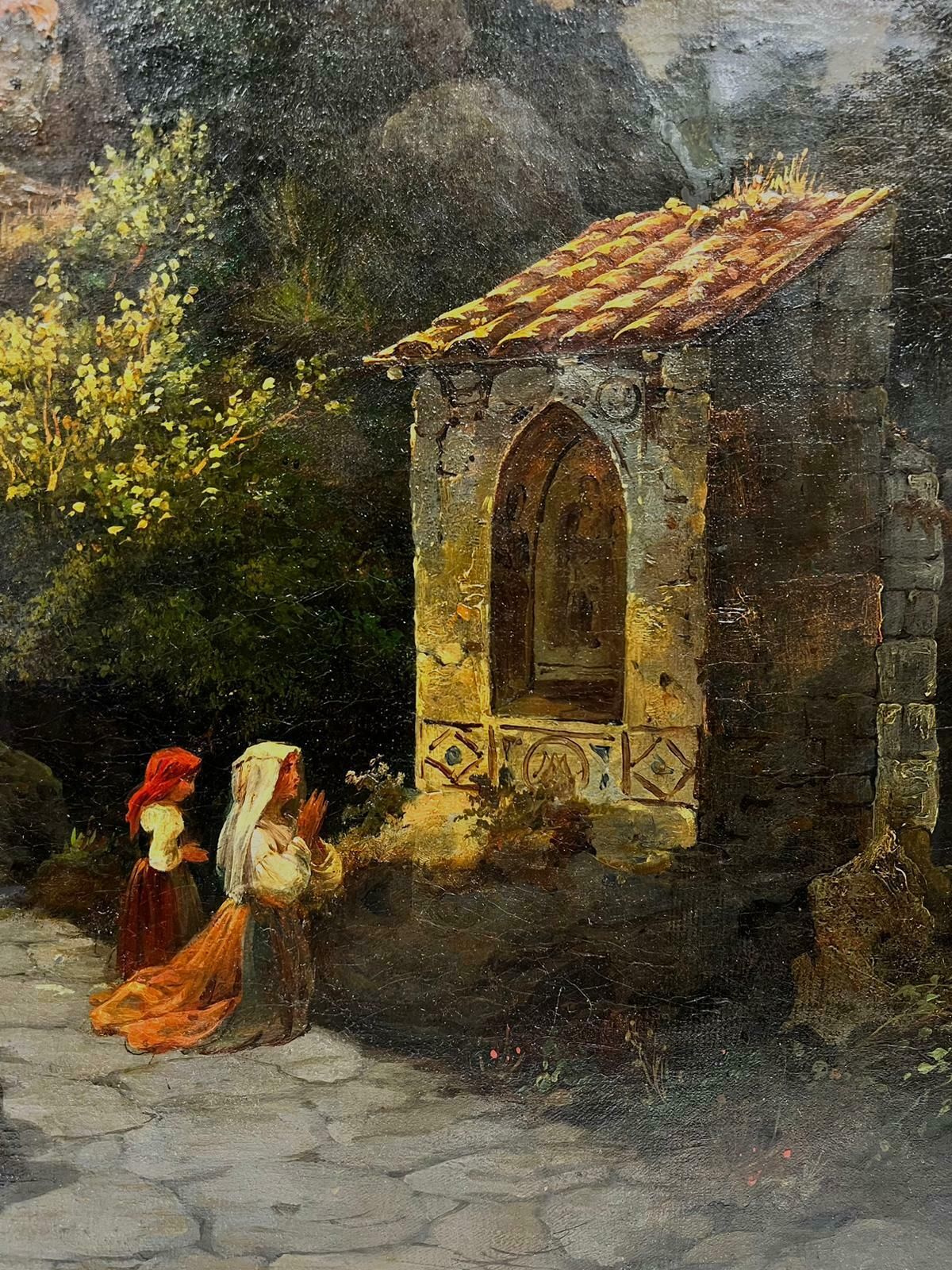 Antique French Oil19thc. French Oil Ladies Praying To Madonna Statue South Of France Landscape photo 1634.0