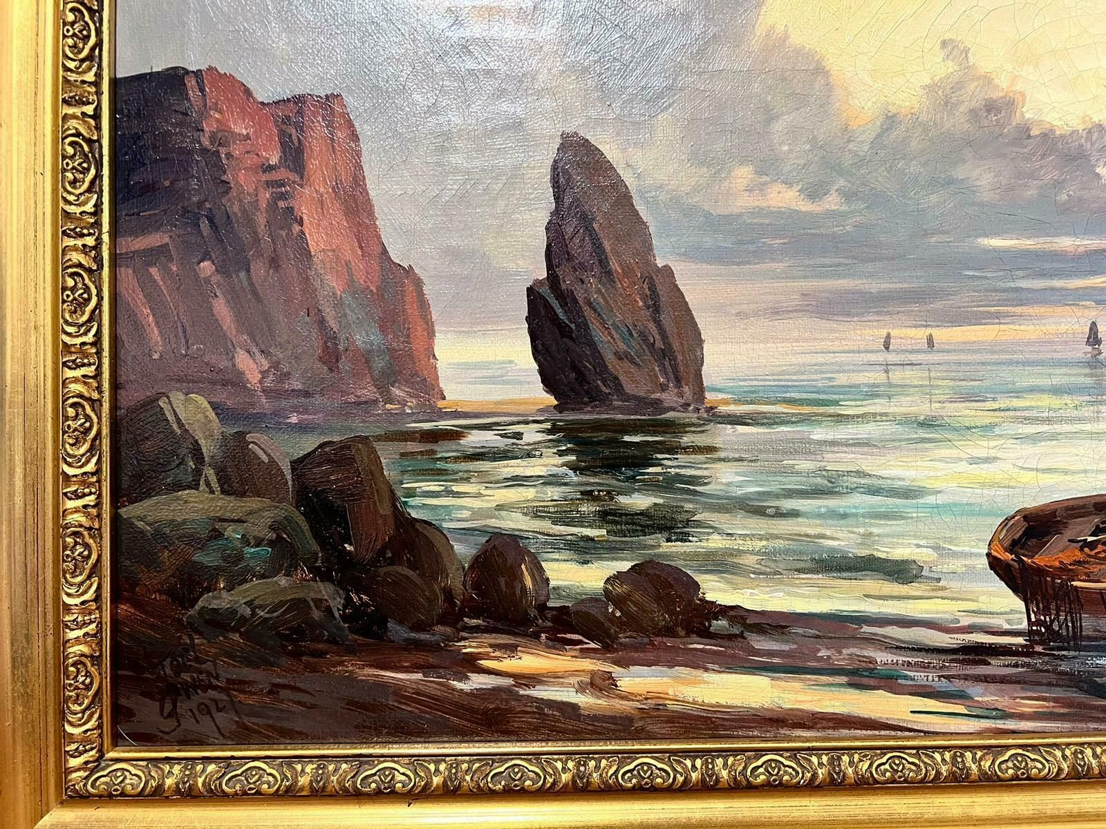 Joel Owen1920's Scottish Signed Oil Painting Sunset Over Coastal Rocks Boats & Sea photo 1374.0