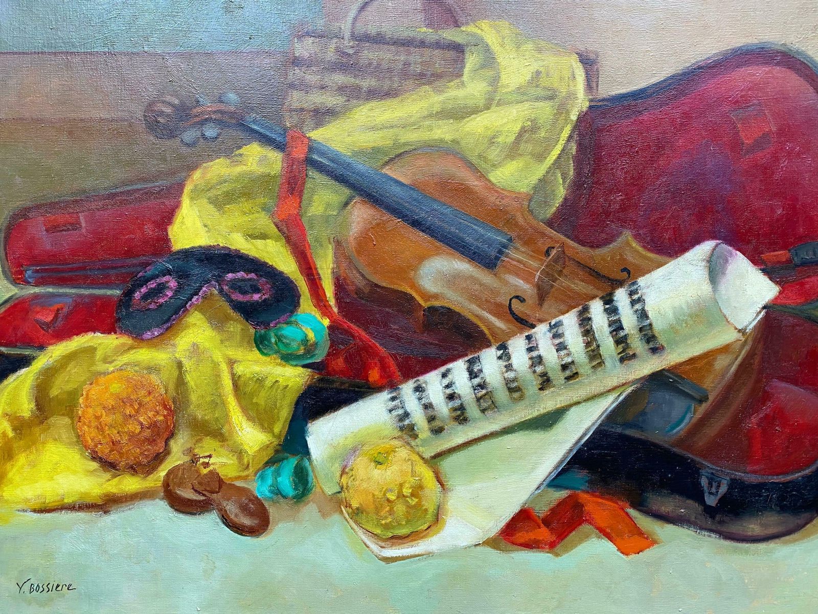 Yvette Bossierecolourful 20th Century French Impressionist   Musicians Violin Masque Still Life20th Century photo furniture