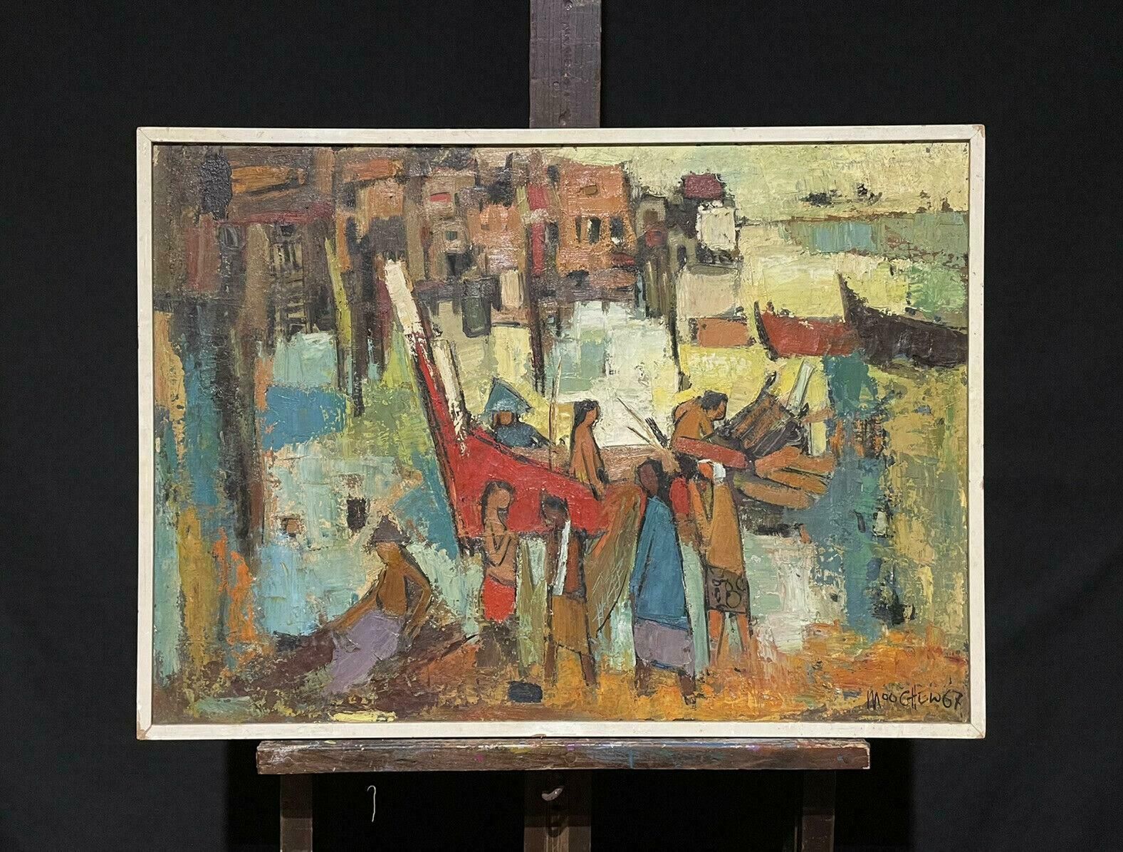 Wong Moo Chew   Penghidupan1960's Modernist Signed Oil Very Large Canvas Fisherfolk In Harbour With Boats1960's