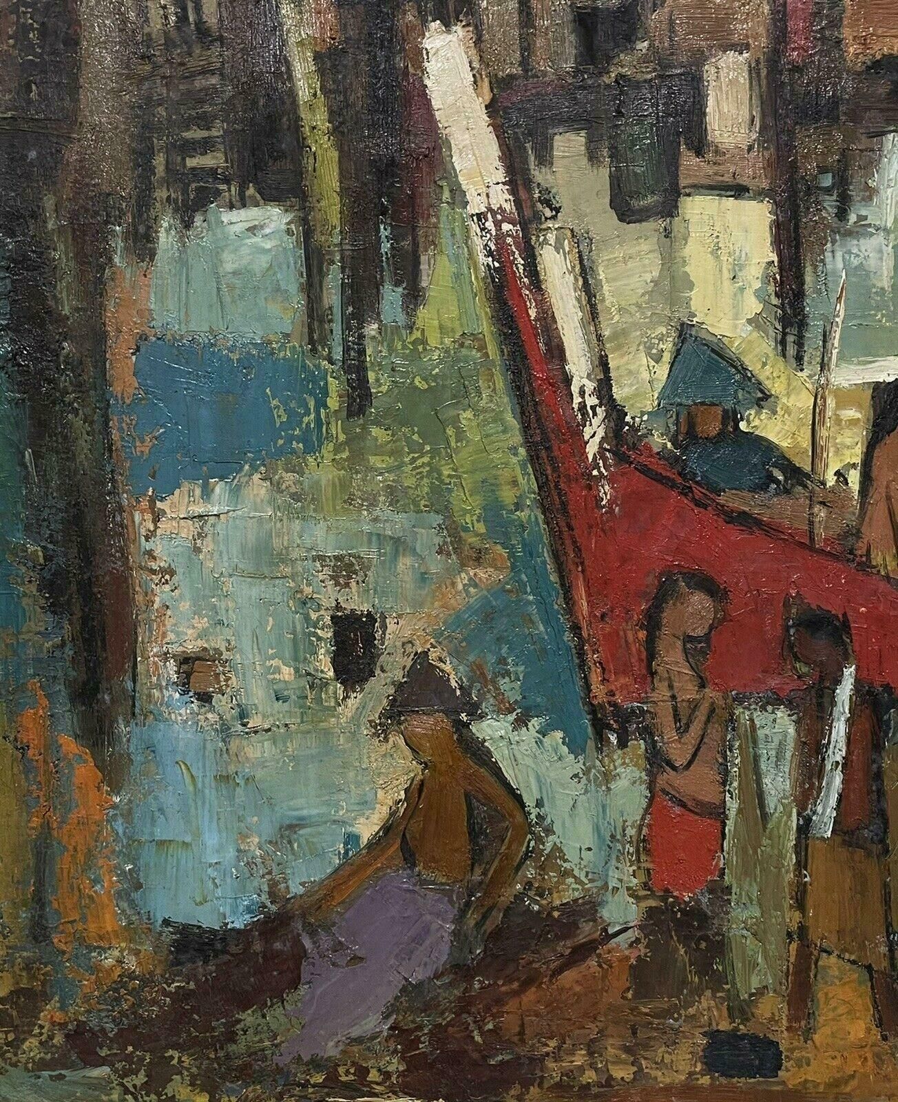 Wong Moo Chew   Penghidupan1960's Modernist Signed Oil Very Large Canvas Fisherfolk In Harbour With Boats1960's photo furniture