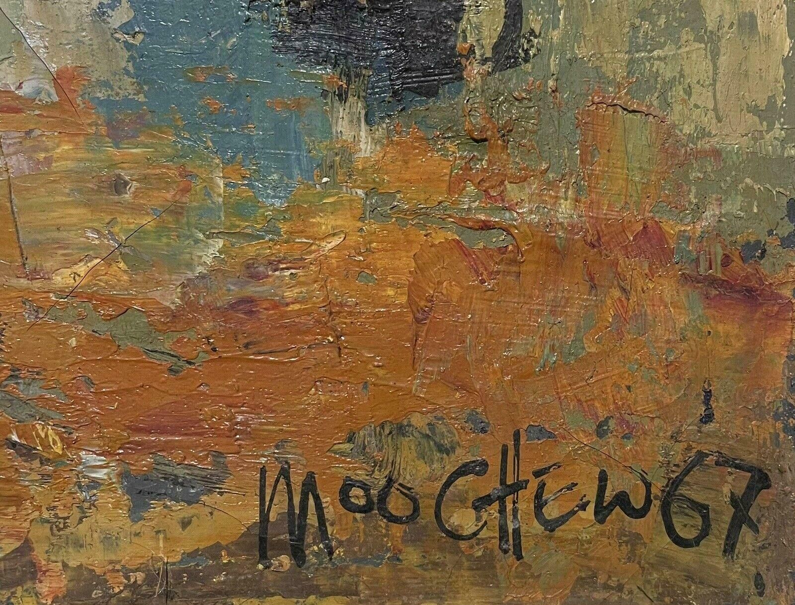Wong Moo Chew   Penghidupan1960's Modernist Signed Oil Very Large Canvas Fisherfolk In Harbour With Boats1960's photo for sale