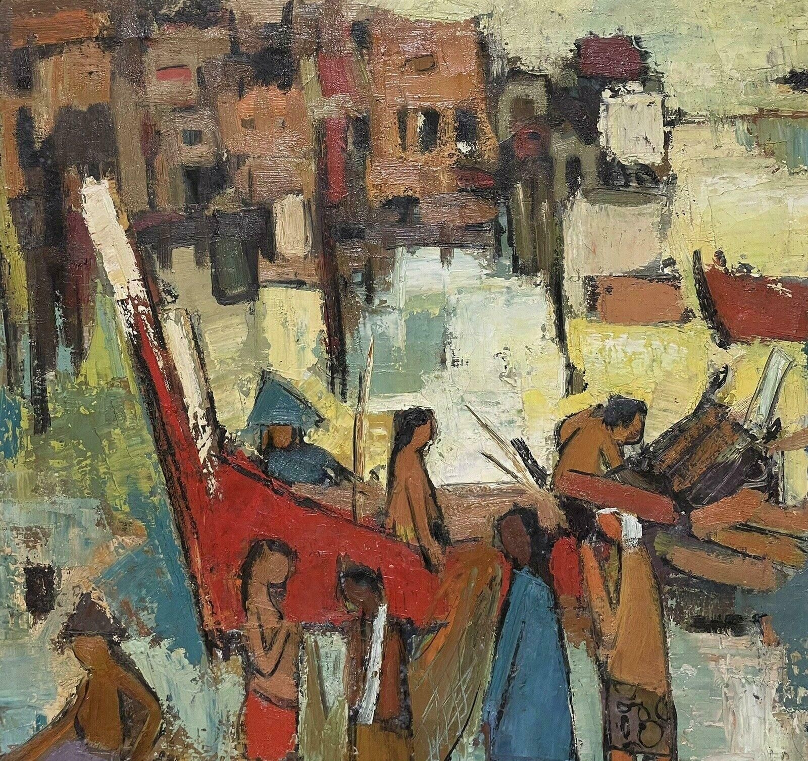 Wong Moo Chew   Penghidupan1960's Modernist Signed Oil Very Large Canvas Fisherfolk In Harbour With Boats1960's photo Art