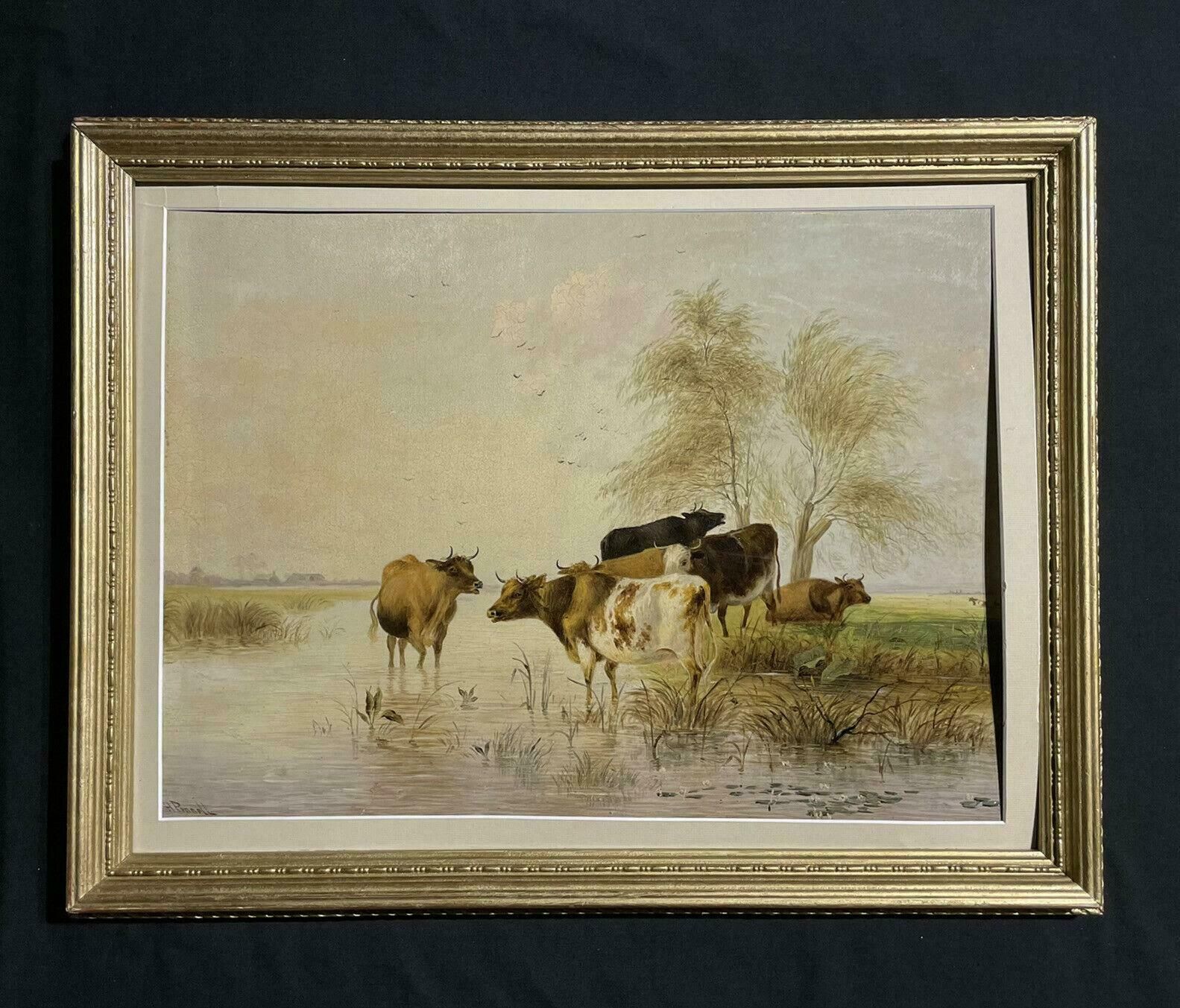 Victorian Oilcattle Watering Tranquil Pastures Signed 19th Century English Oil Painting photo furniture