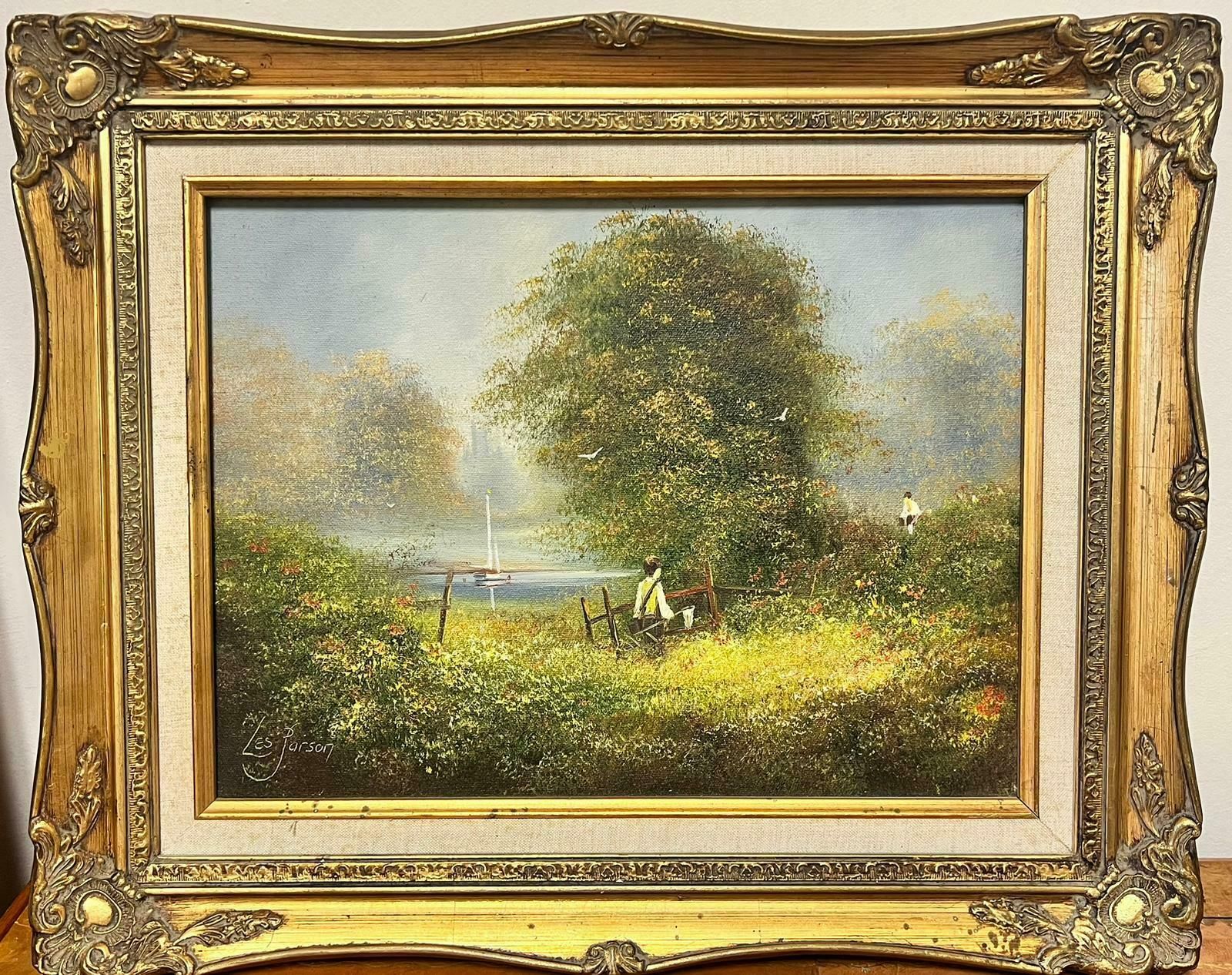 Les Parsonshazy Summer Meadow Children With Fishing Nets By River Signed English Oil