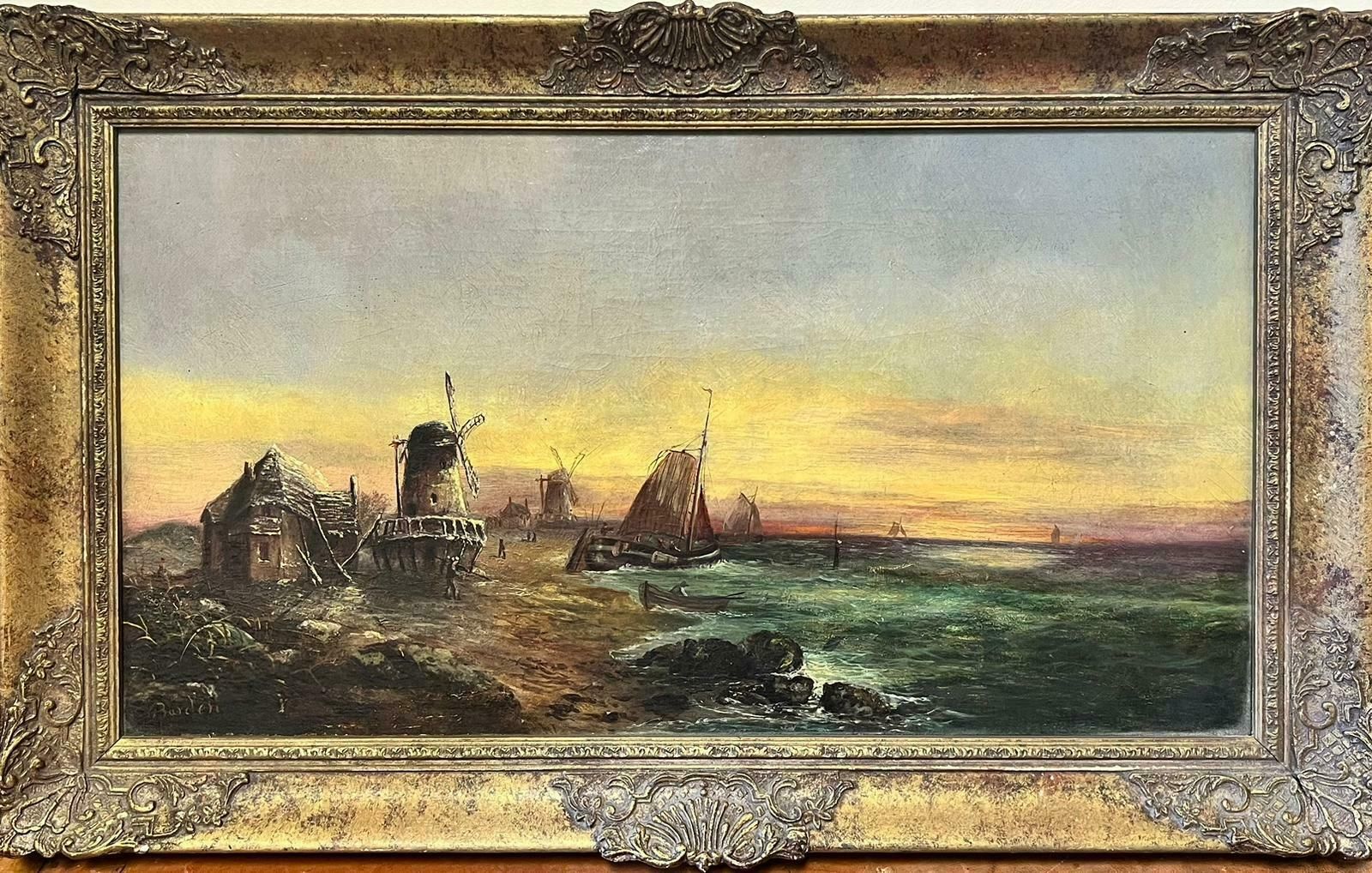Victorian Schoolsigned Antique English Oil Painting Busy Coastal Scene Fishing Boats & Windmills