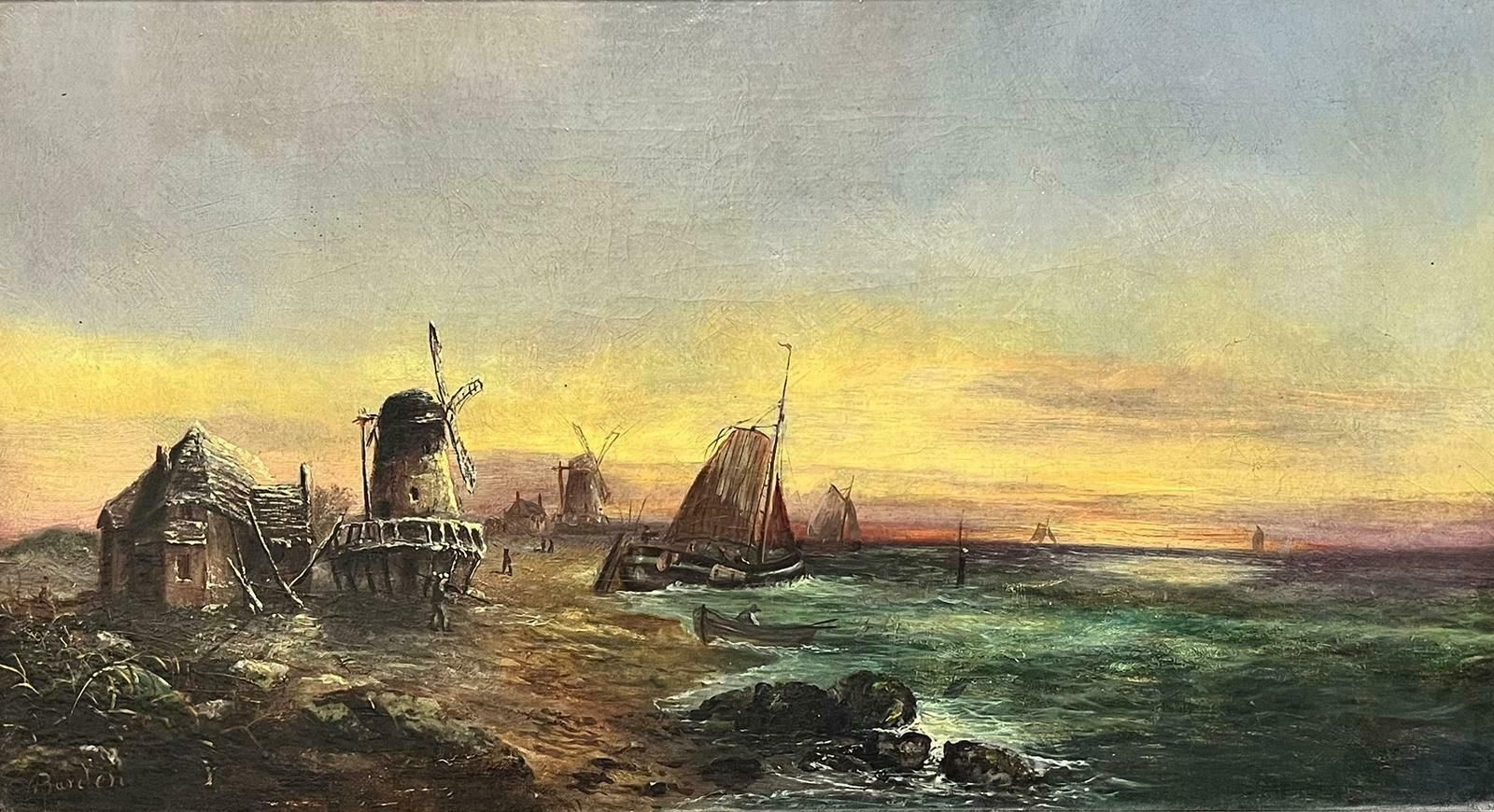 Victorian Schoolsigned Antique English Oil Painting Busy Coastal Scene Fishing Boats & Windmills photo furniture