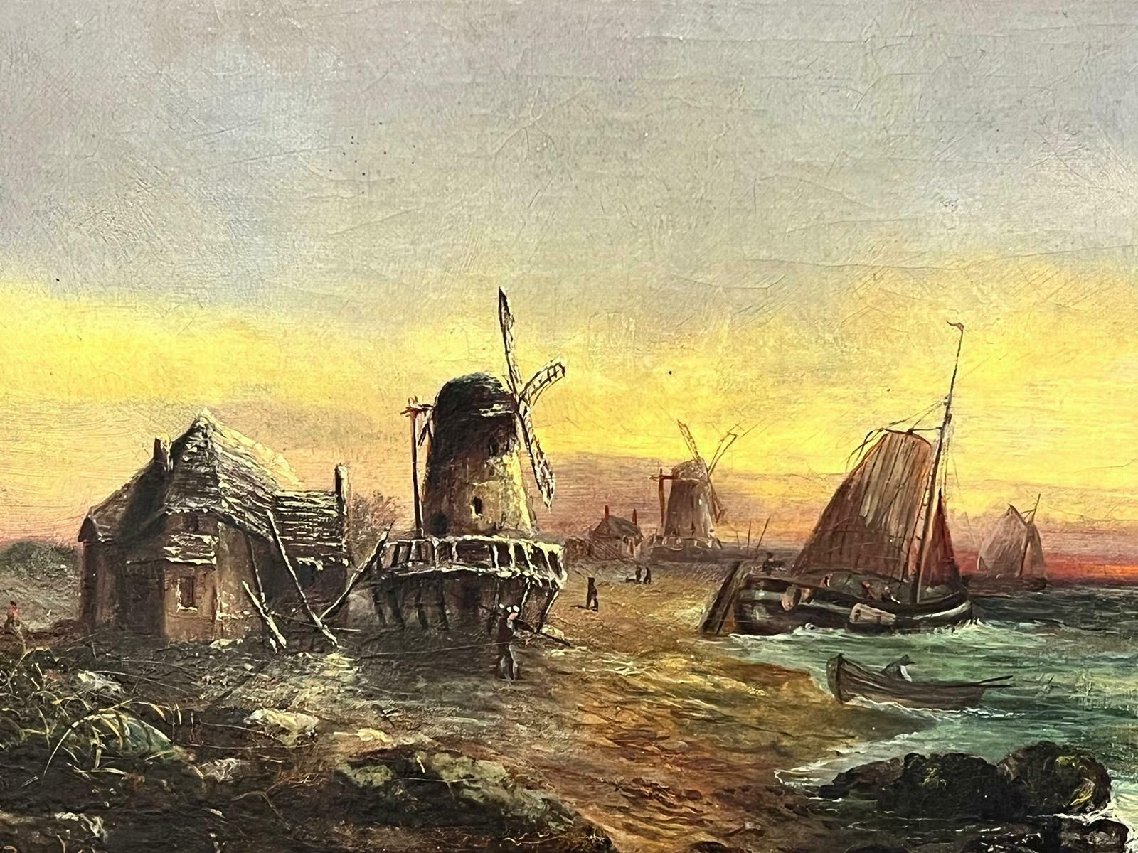 Victorian Schoolsigned Antique English Oil Painting Busy Coastal Scene Fishing Boats & Windmills photo 1526.0