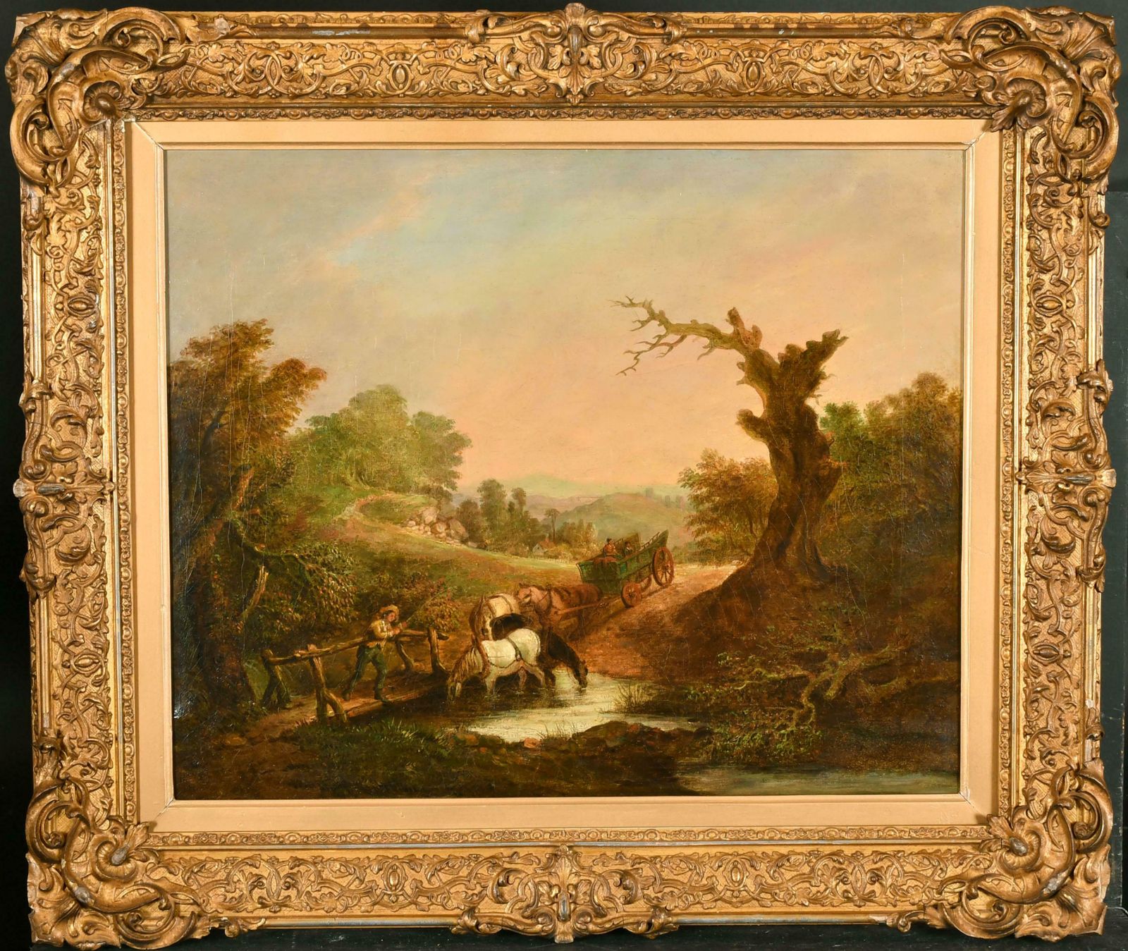 1800’s British Oilearly English Romantic Oil Painting Farmers With Horse & Cart Crossing Stream