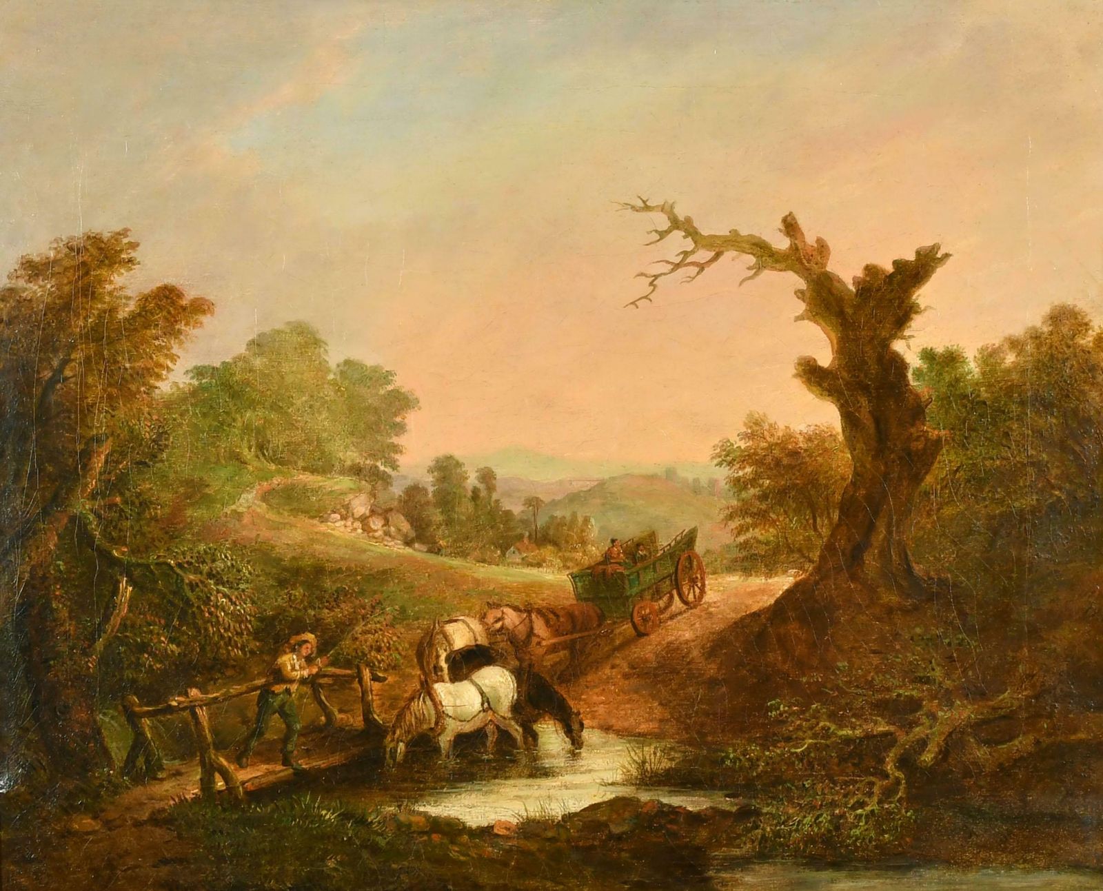 1800’s British Oilearly English Romantic Oil Painting Farmers With Horse & Cart Crossing Stream photo furniture