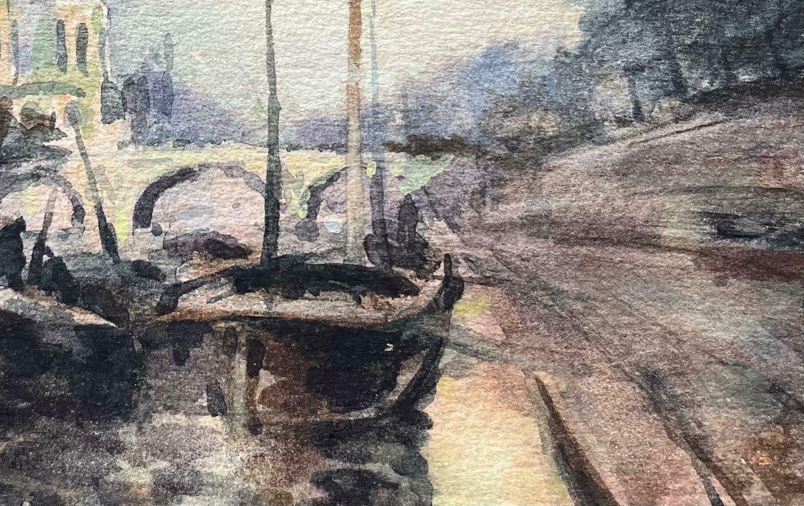 Maurice Mazeiliefrench Impressionist Watercolor Of Notre Dame And The Seine With Boats20th Century photo 265.0