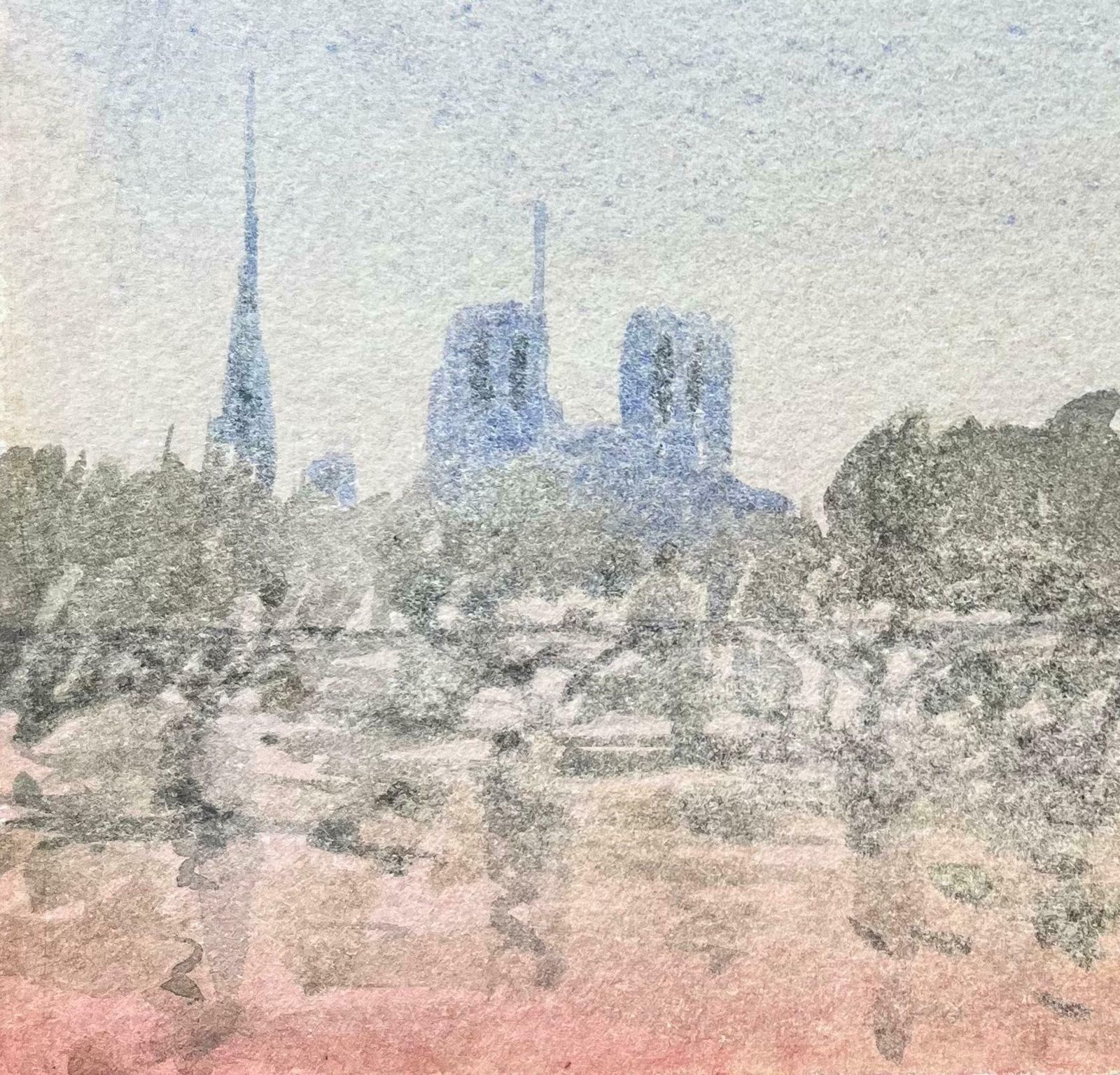 Maurice Mazeiliefrench Impressionist Watercolor Of Notre Dame And The Paris Skyline At Dusk20th Century photo for sale