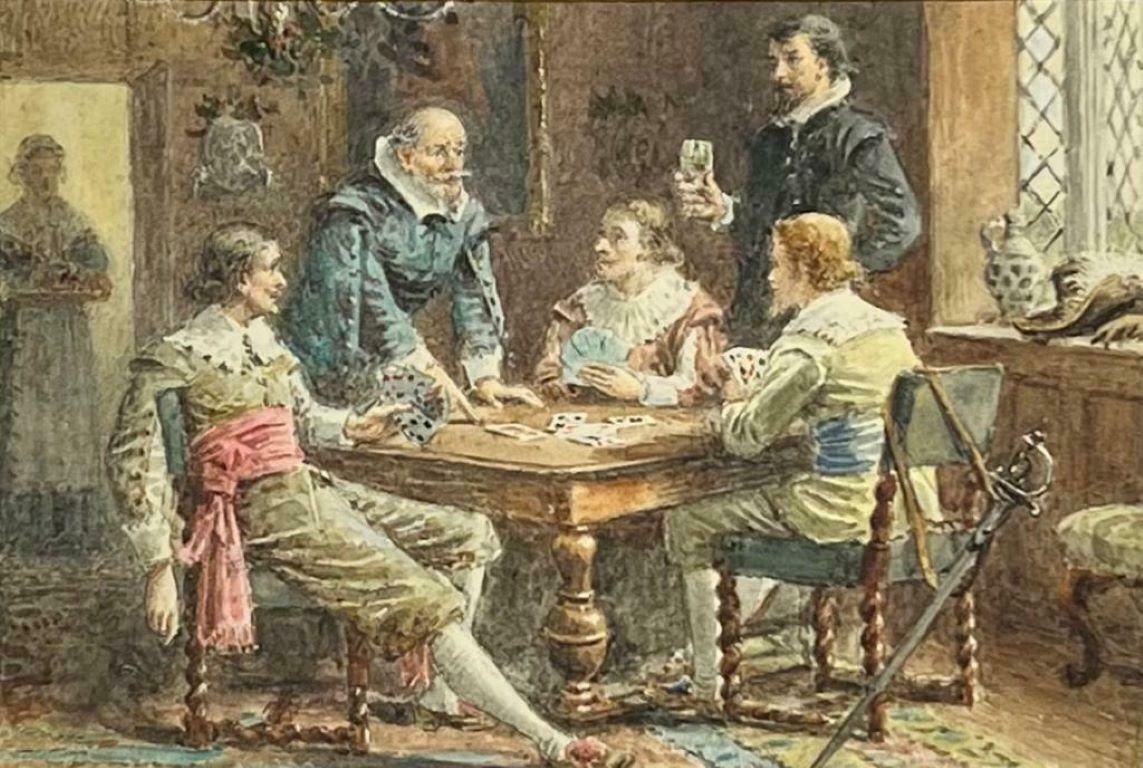 George Goodwin Kilburnecavaliers In Tavern Interior Playing Cards Fine Victorian Watercolor Painting