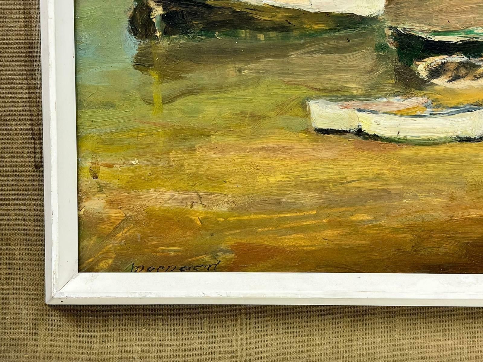 French School1960's French Signed Oil Painting Boats Moored In Old Harbor Town Earthy Colors1960's photo for sale