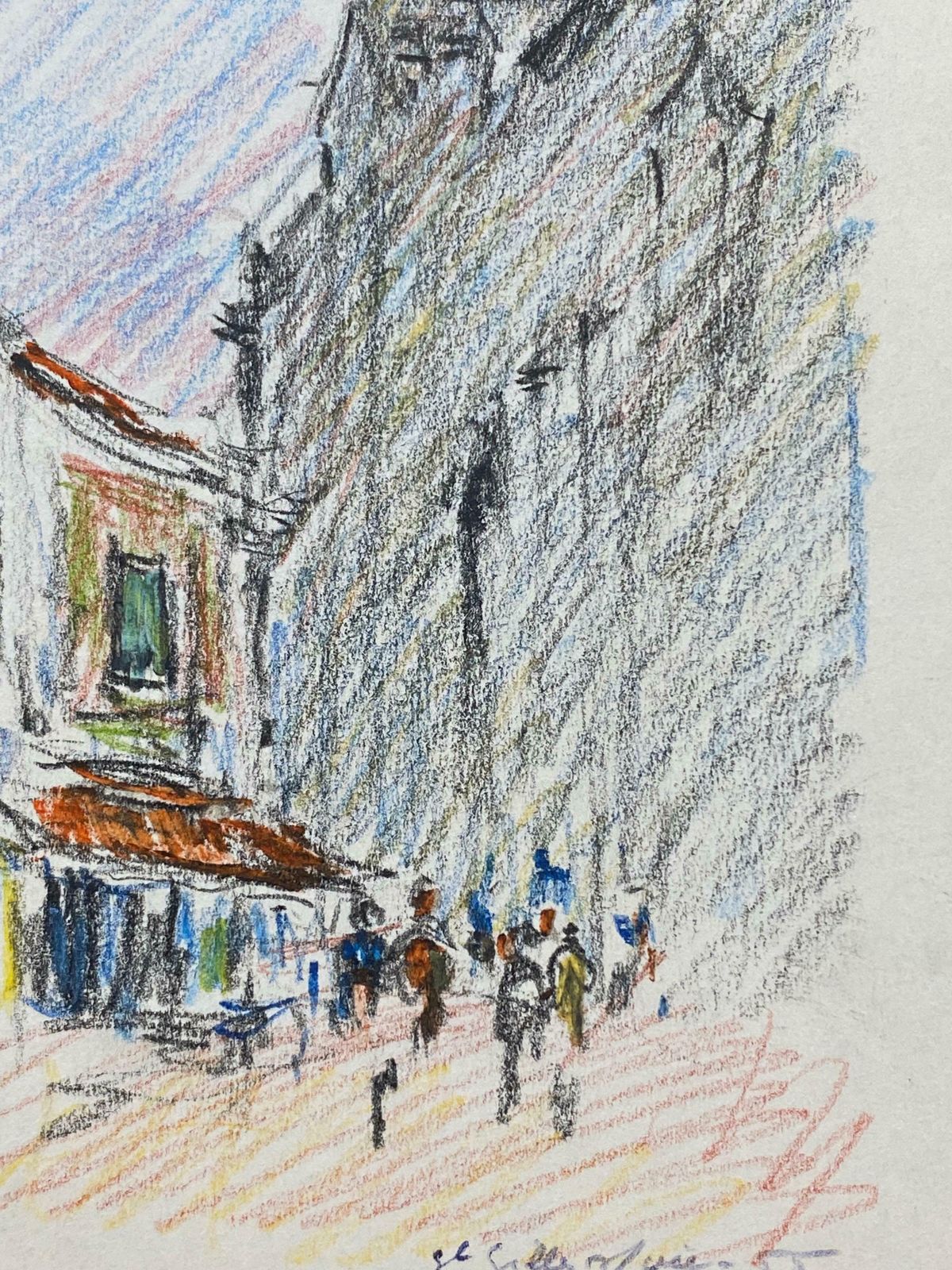 Camille Meriotold Provence Town Impressionist Crayon Drawing   Figures Mooching By Cafec. 1940's photo for sale