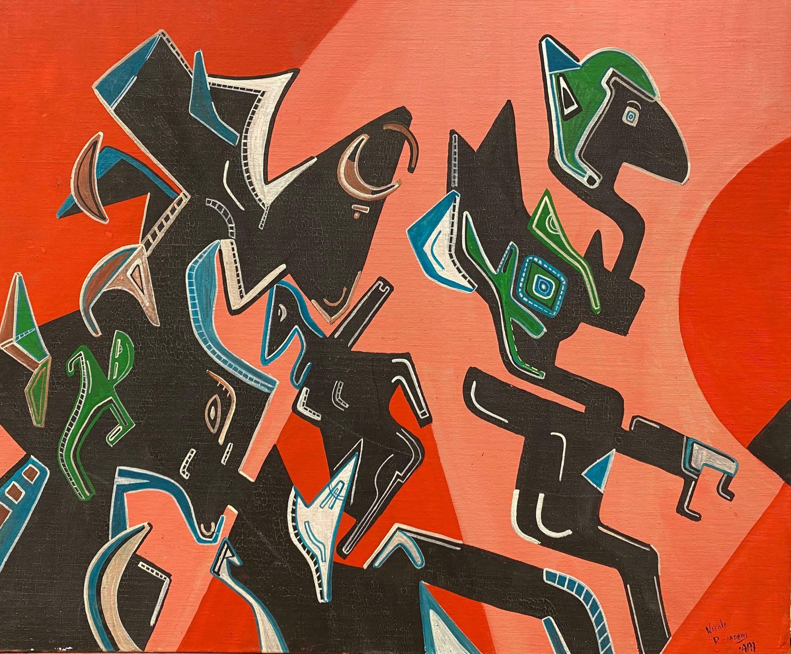 Unknownbright & Colorful French Signed Abstract Oil Painting Amazing Shapes & Colors