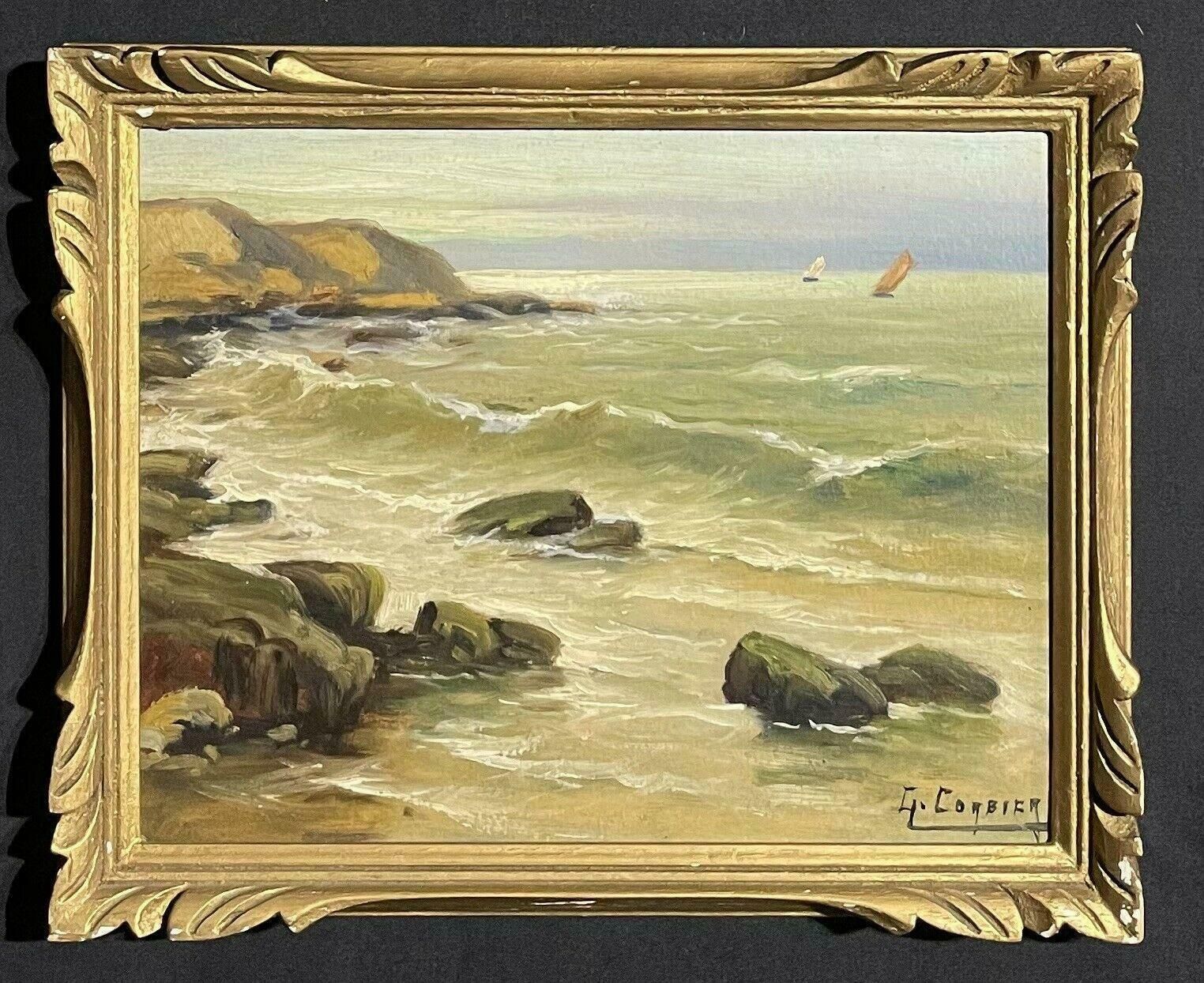 Unknownantique French Signed Oil Painting Coastal Seascape Lapping Waves On Rocks photo furniture