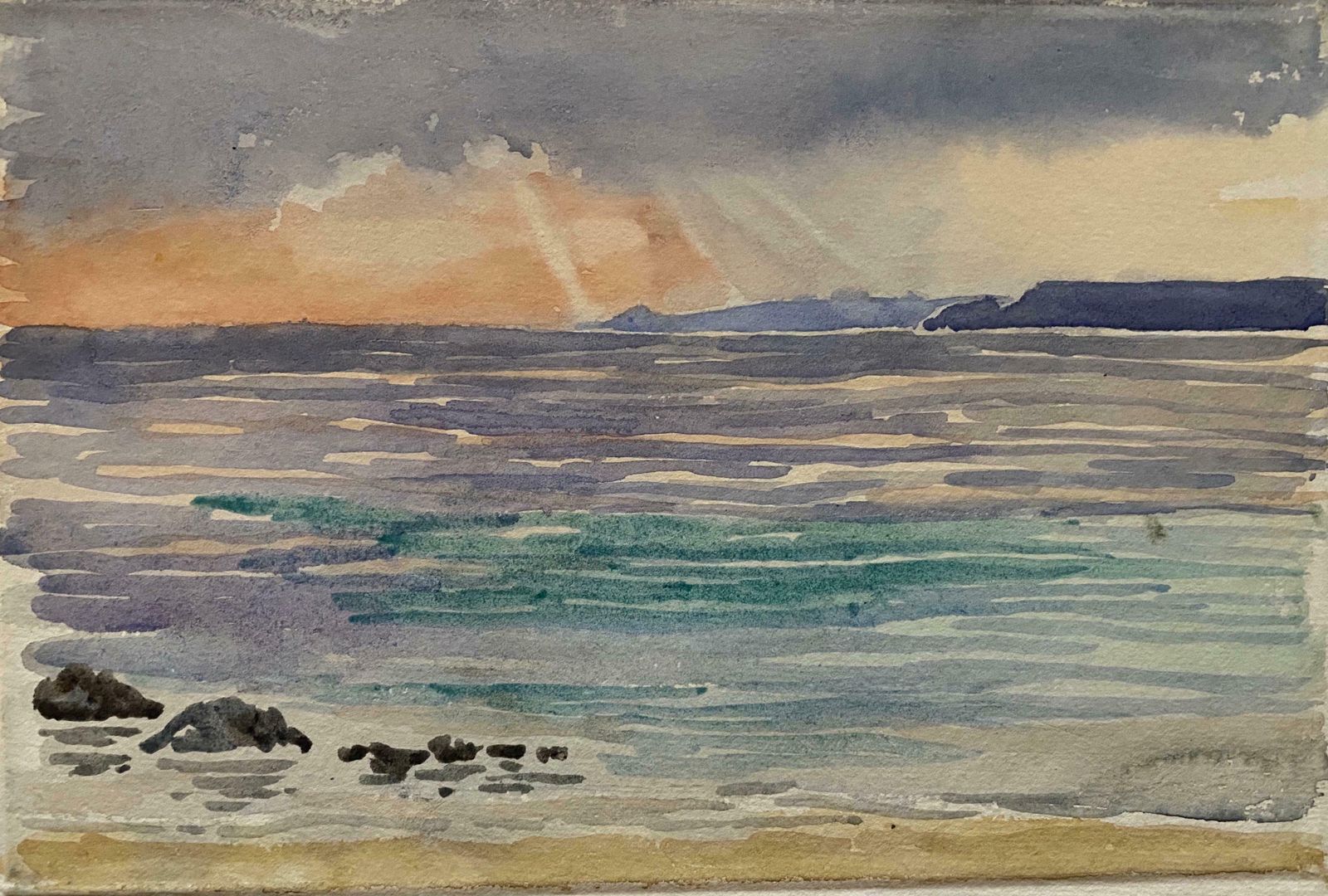 Unknown1900's English Impressionist Watercolor Painting Beautiful Sunset Onto Blue Seac. 1900's