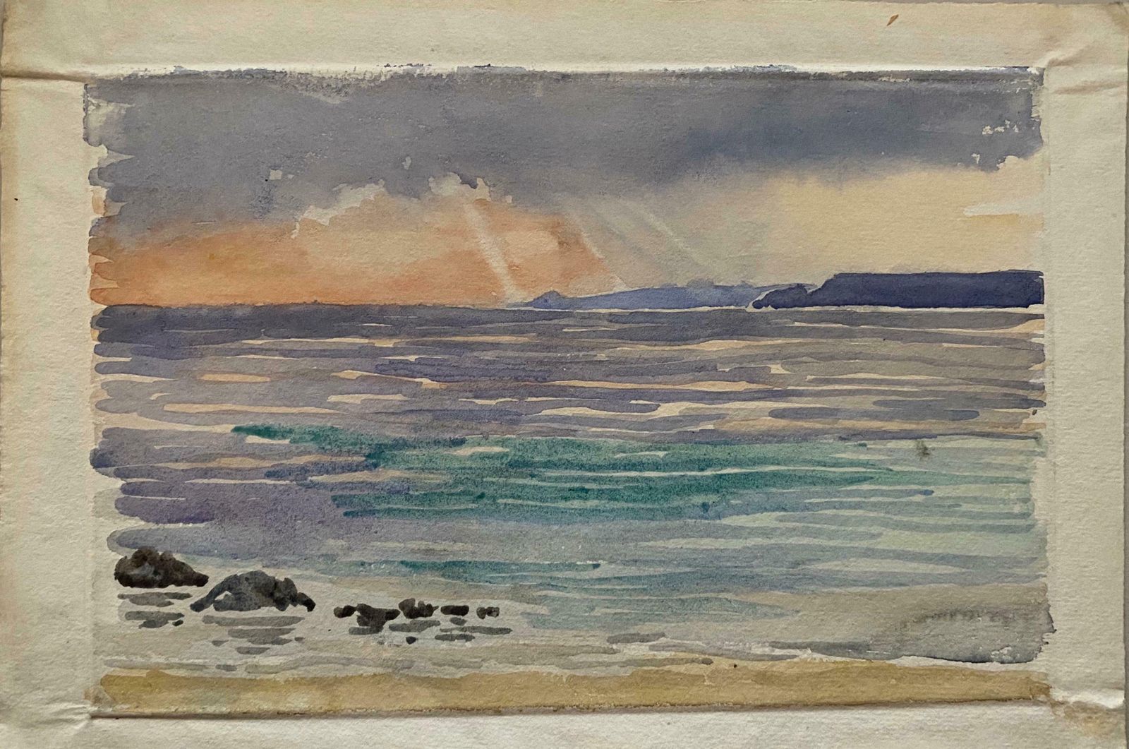 Unknown1900's English Impressionist Watercolor Painting Beautiful Sunset Onto Blue Seac. 1900's photo furniture
