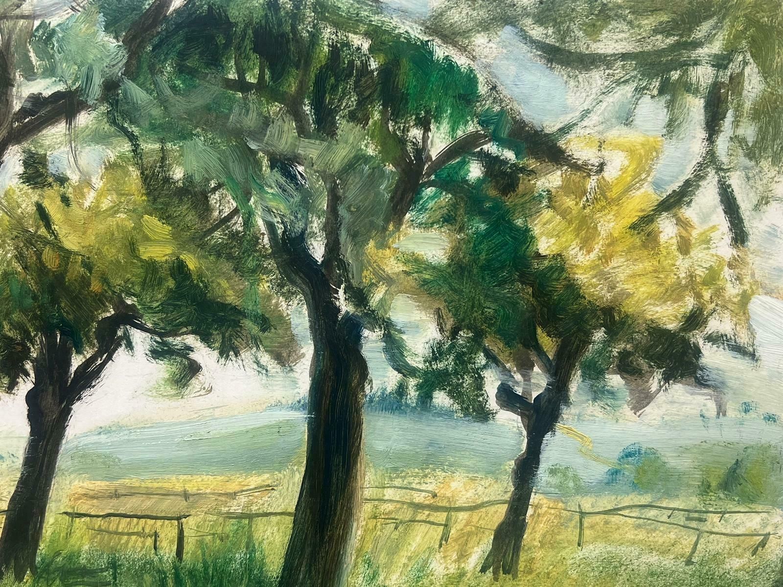 Josine Vignon1950s French Oil Landscape Trees In Green Grass Landscape1950s photo for sale